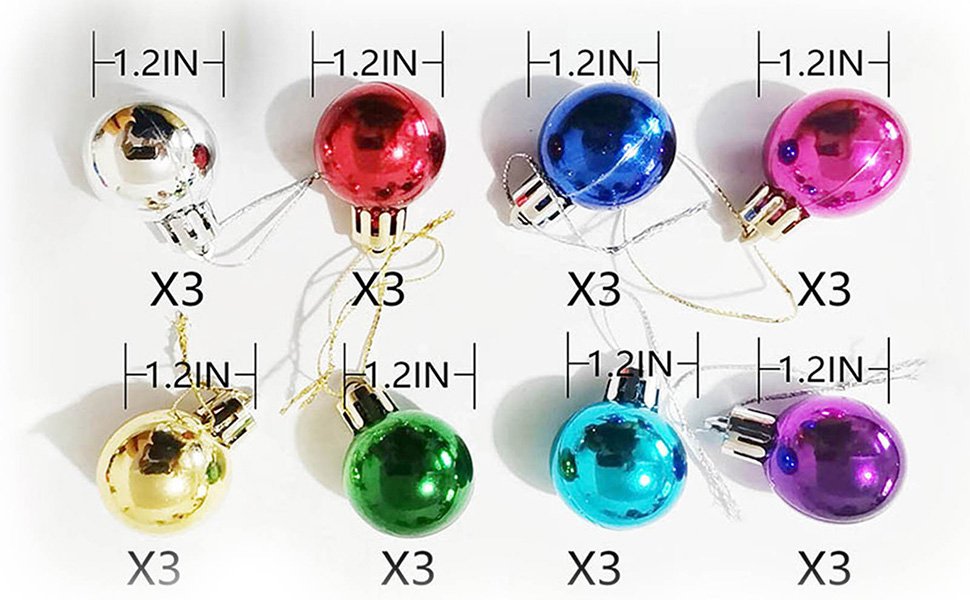 Eight colorful 1.2-inch mini Christmas ball ornaments displayed in rows, showing silver, red, blue, pink, gold, green, teal, and purple.