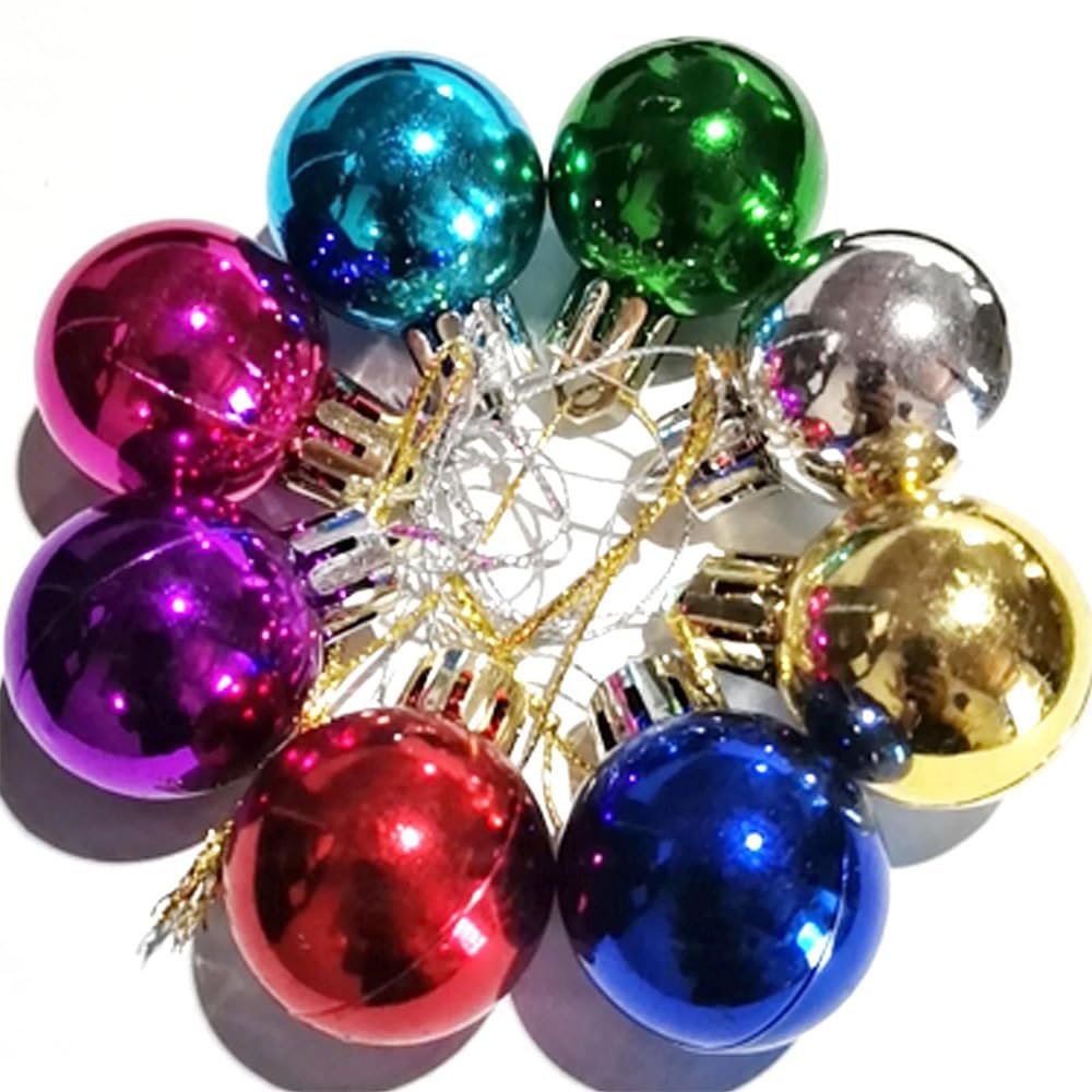 Assortment of 1.2-inch mini glitter Christmas ball ornaments in 8 colors arranged in a circle.