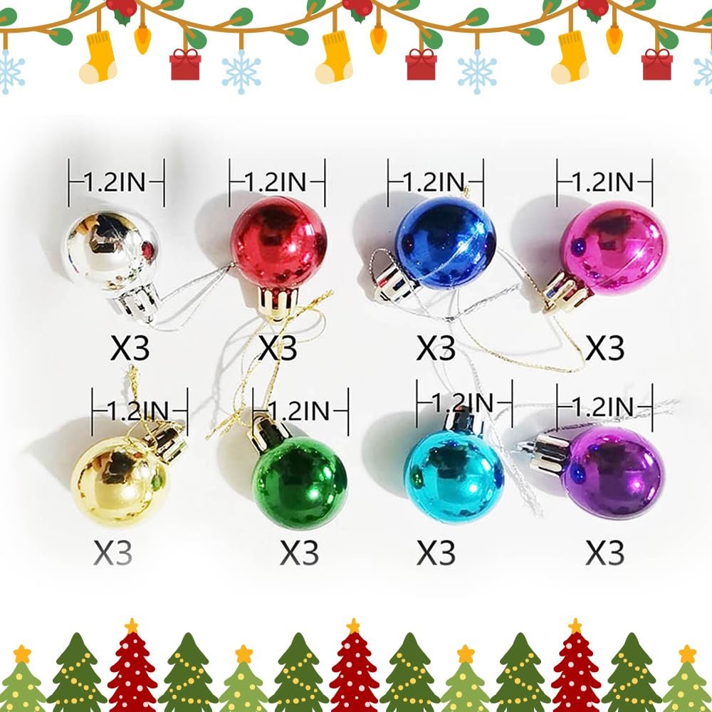Eight colorful glitter Christmas ball ornaments shown in two rows, with size and quantity indicators.
