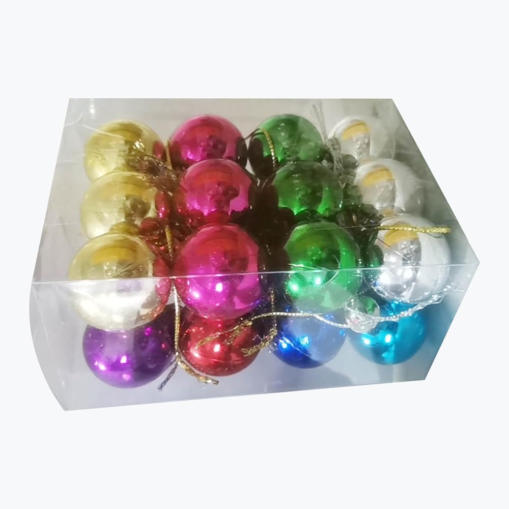 Box of 24 mini glitter Christmas ball ornaments in 8 assorted colors, 1.2 inches each.