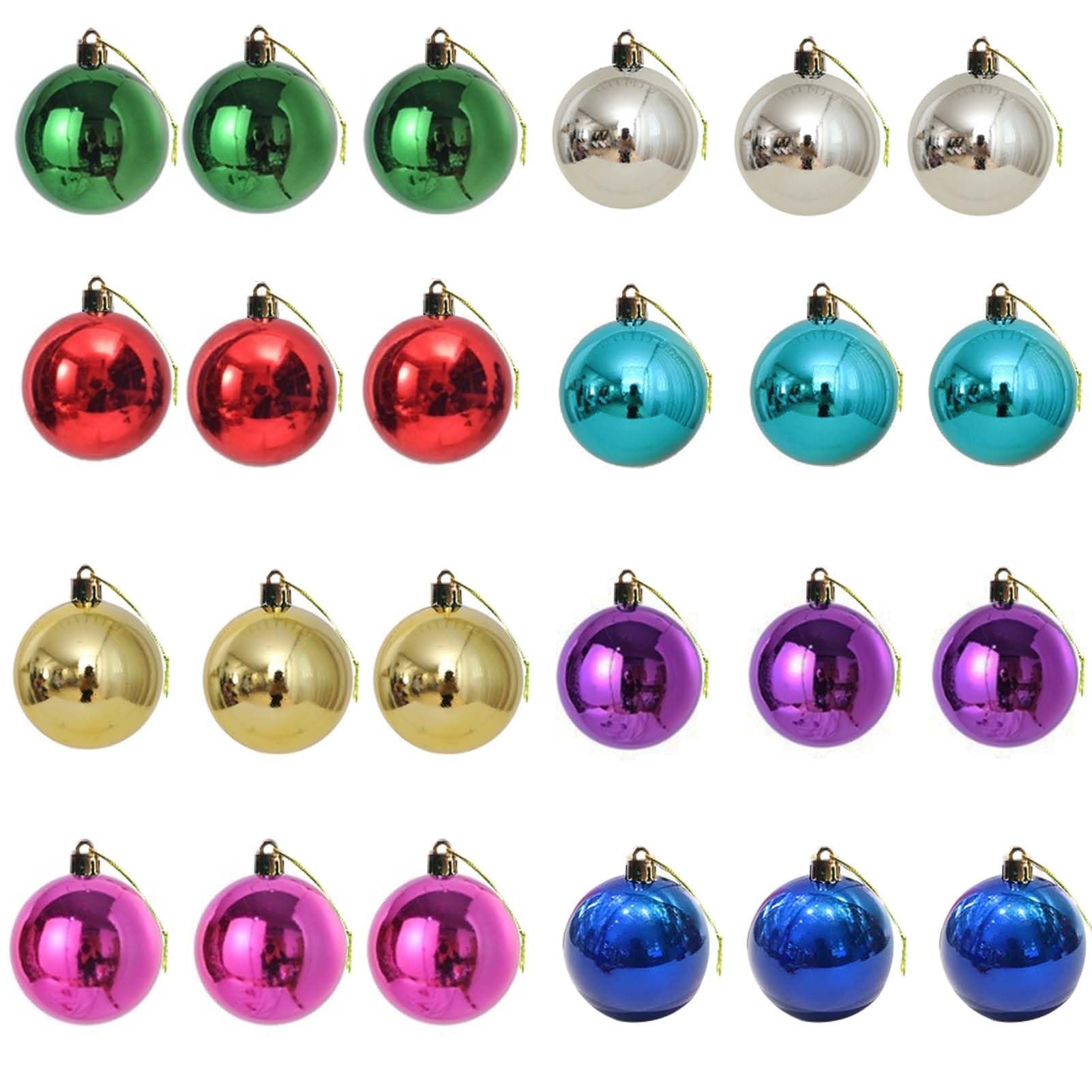 24-pack of 1.2-inch multicolor mini ball ornaments in green, red, silver, teal, gold, purple, pink, and blue, arranged in rows on a white background.