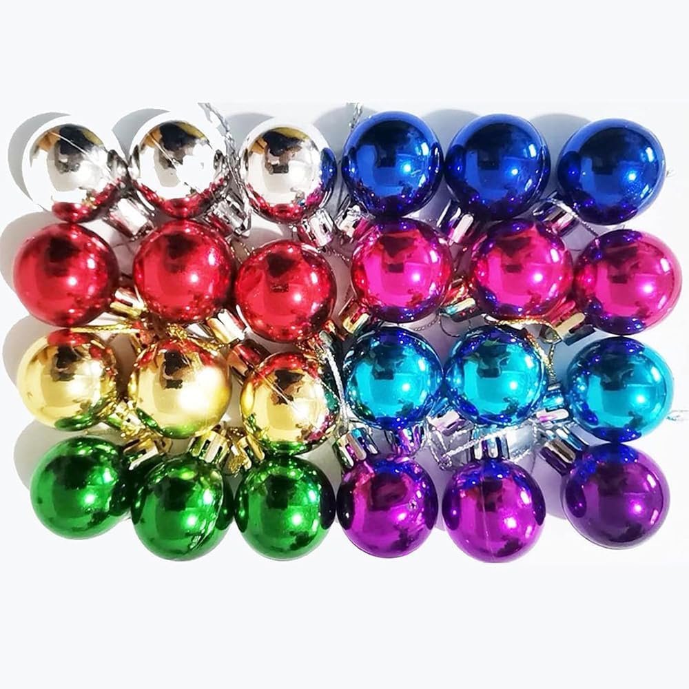 A collection of 24 multicolor mini ball ornaments in rows, featuring silver, red, gold, green, blue, pink, teal, and purple.