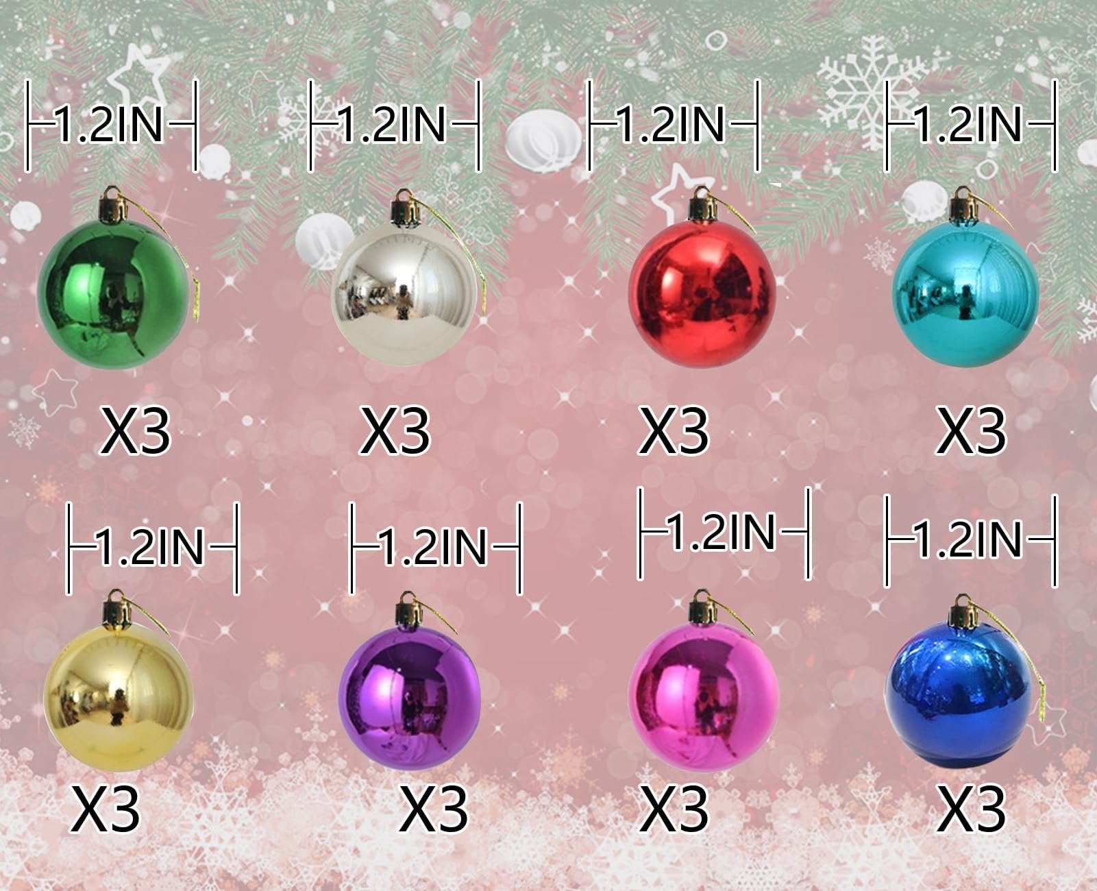 Eight multicolor 1.2-inch mini ball ornaments arranged in two rows of four, each with quantity indicator.