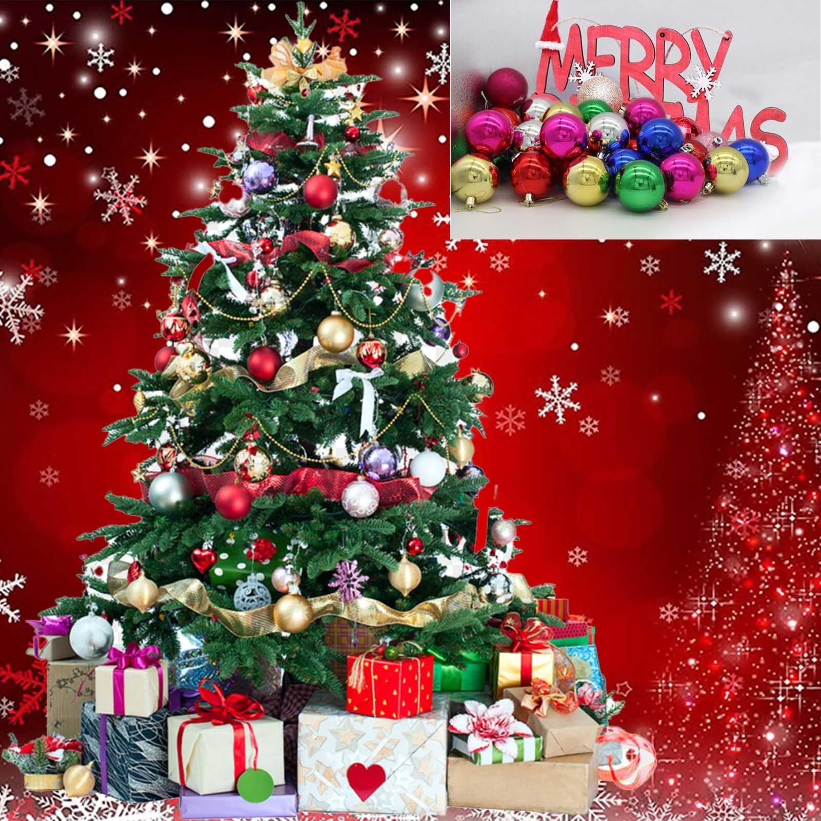 Christmas tree decorated with ornaments and gifts, with a separate pile of multicolor ball ornaments and a 'MERRY XMAS' sign