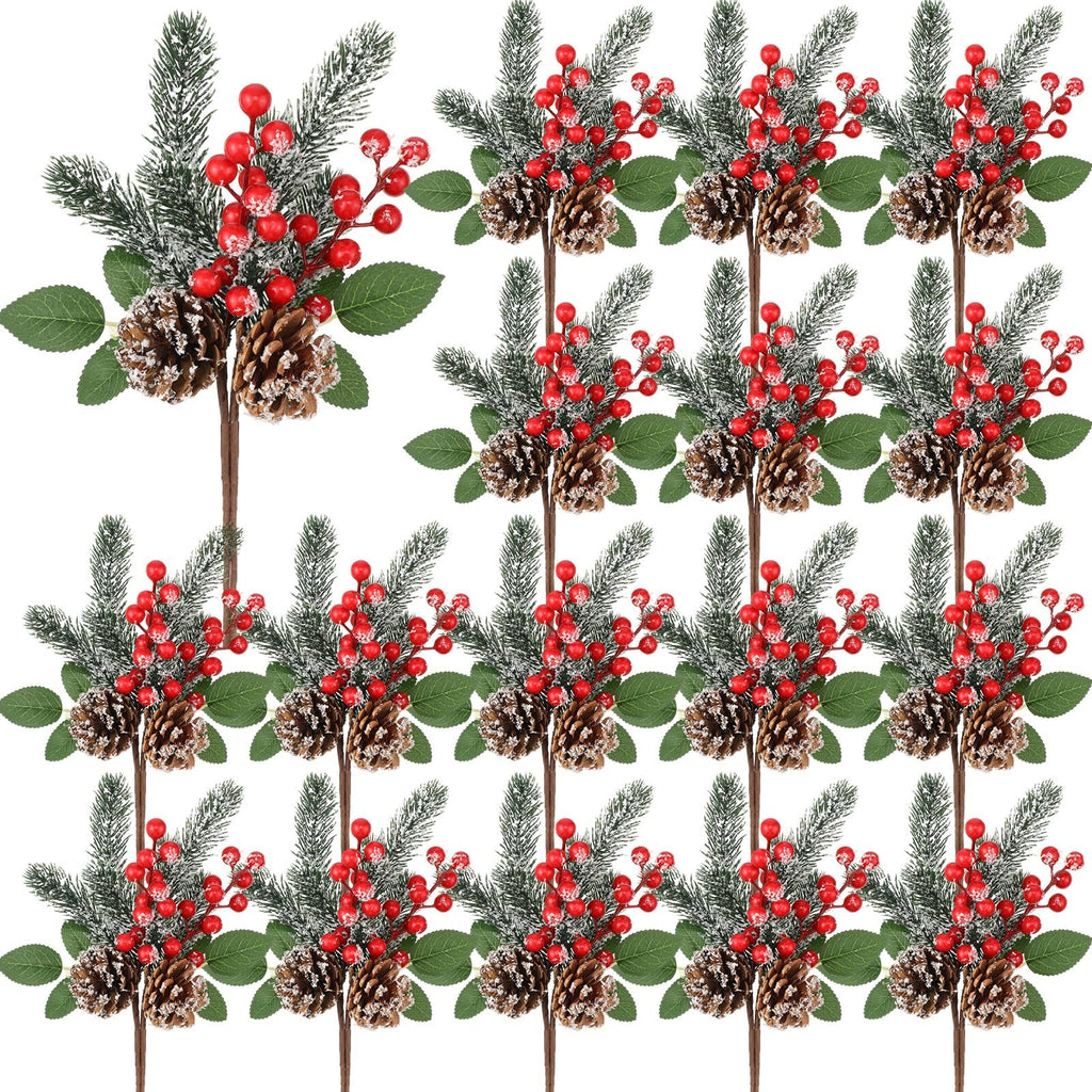 Christmas artificial flower picks with red berries, pine cones, and frosted pine branches arranged in a grid.