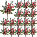 Christmas artificial flower picks with red berries, pine cones, and frosted pine branches arranged in a grid.