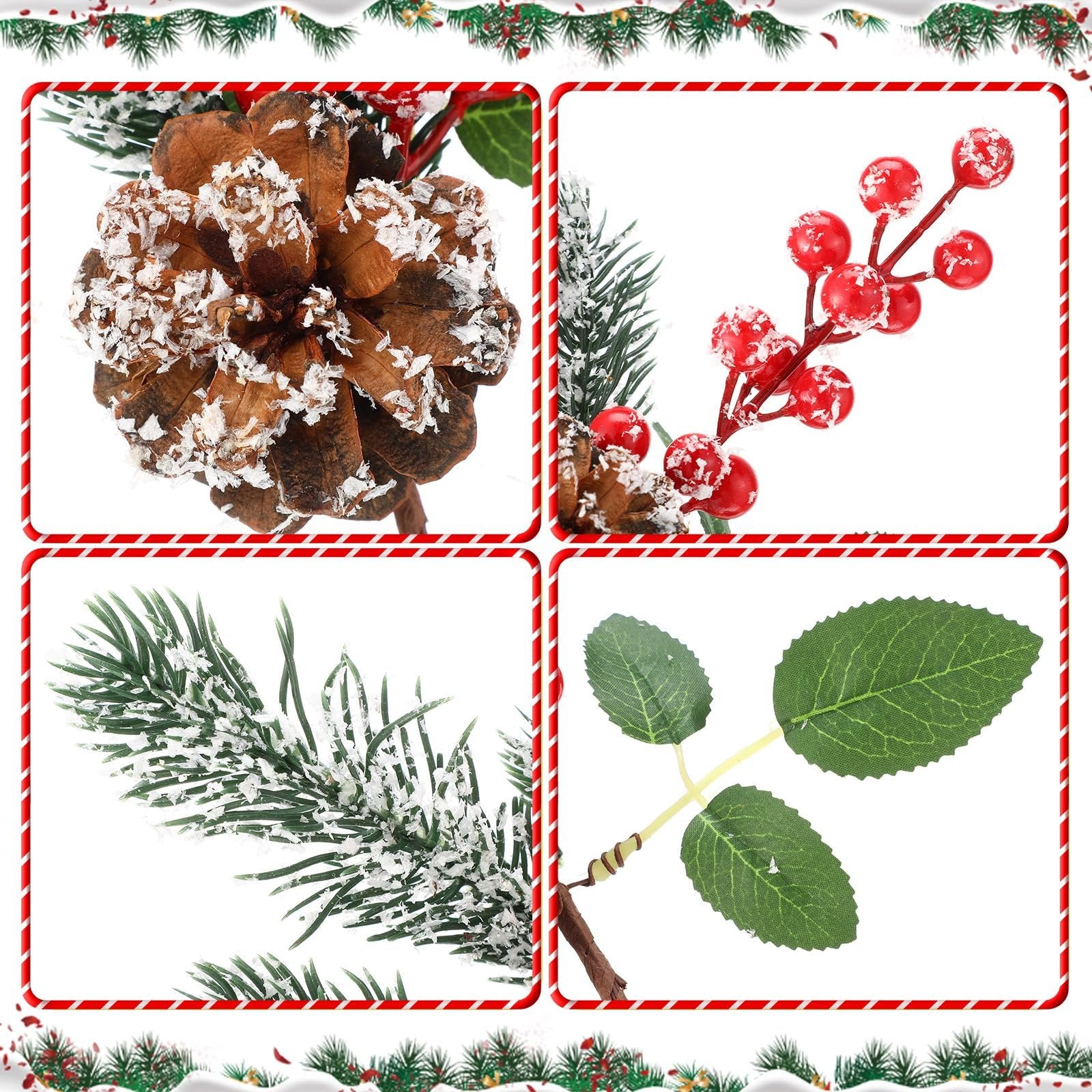 Collage of Christmas artificial flower pick components: frosted pine cone, red berries on stem, frosted pine branch, and green leaves on stem.