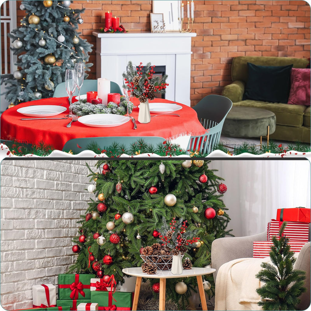 Christmas table setting with pine berry picks and decorated tree in background; another view shows a Christmas tree with gifts and pine berry picks on a table.