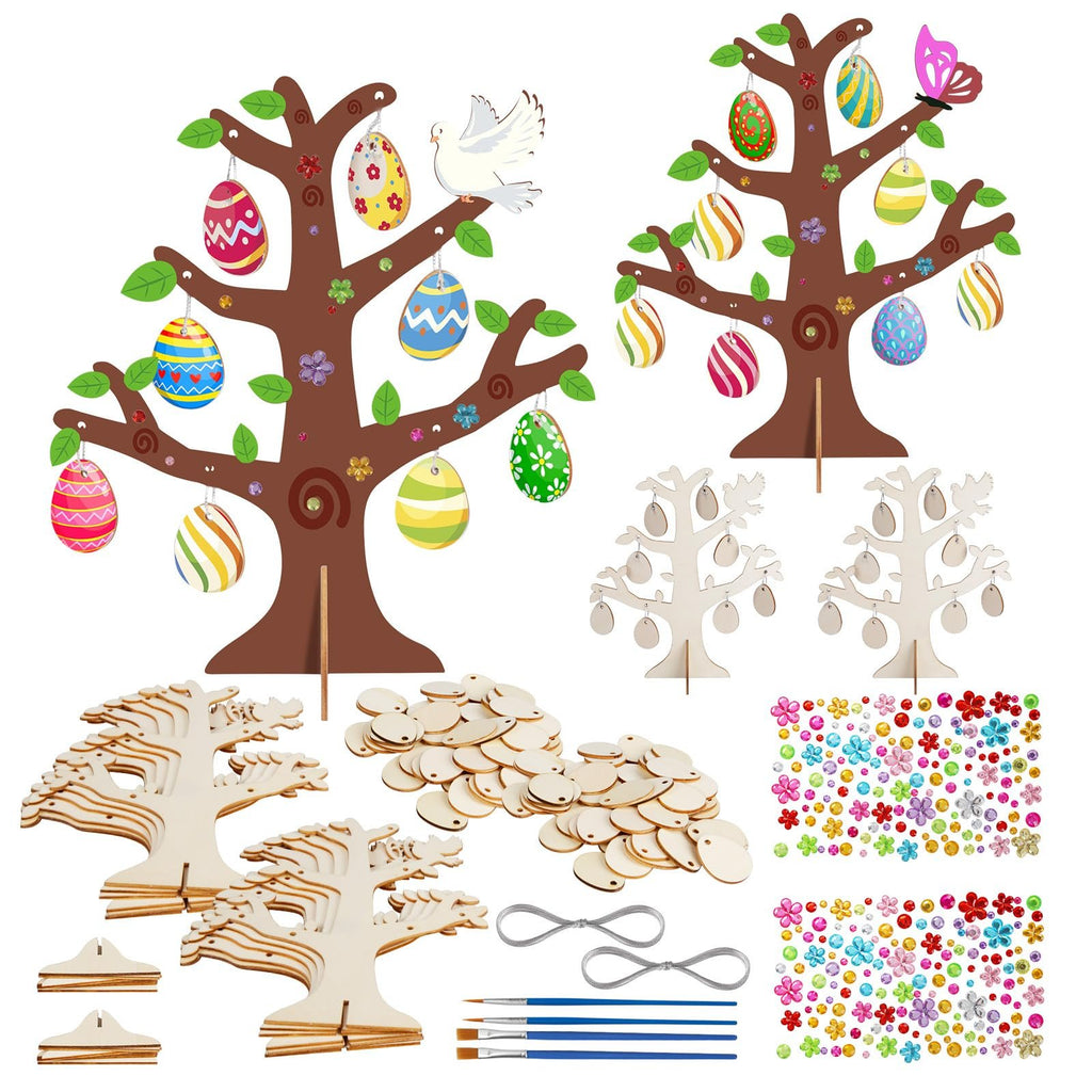 Easter egg tree craft kit contents including wooden trees, egg cutouts, rhinestones, and brushes.