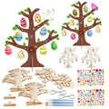 Easter egg tree craft kit contents including wooden trees, egg cutouts, rhinestones, and brushes.