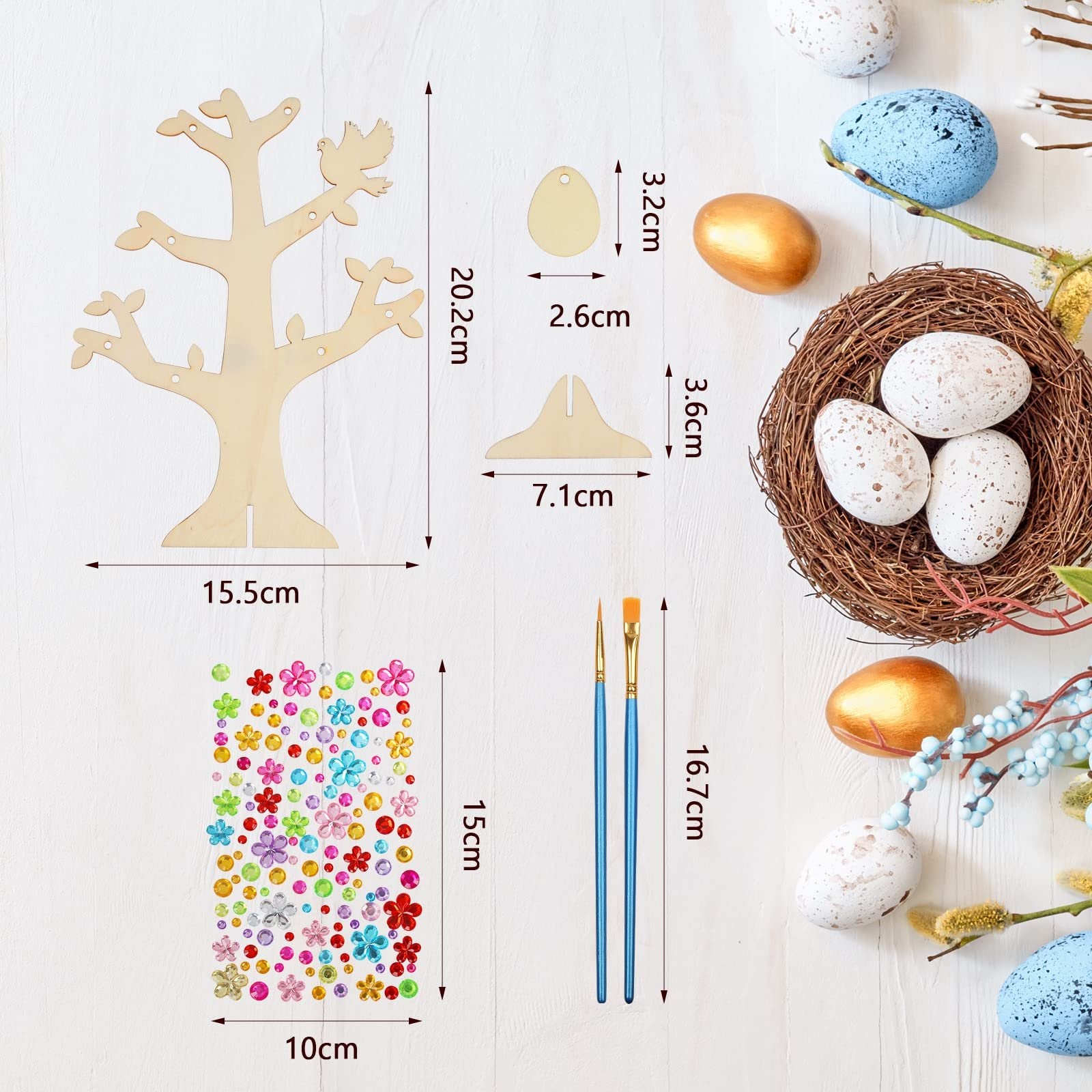 Wooden Easter egg tree craft kit with dimensions shown, including egg cutouts, brushes, and rhinestone stickers.
