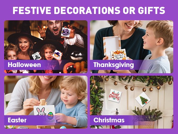 Collage of four scenes showing mini magnetic canvas panels used for festive decorations or gifts for Halloween, Thanksgiving, Easter, and Christmas.