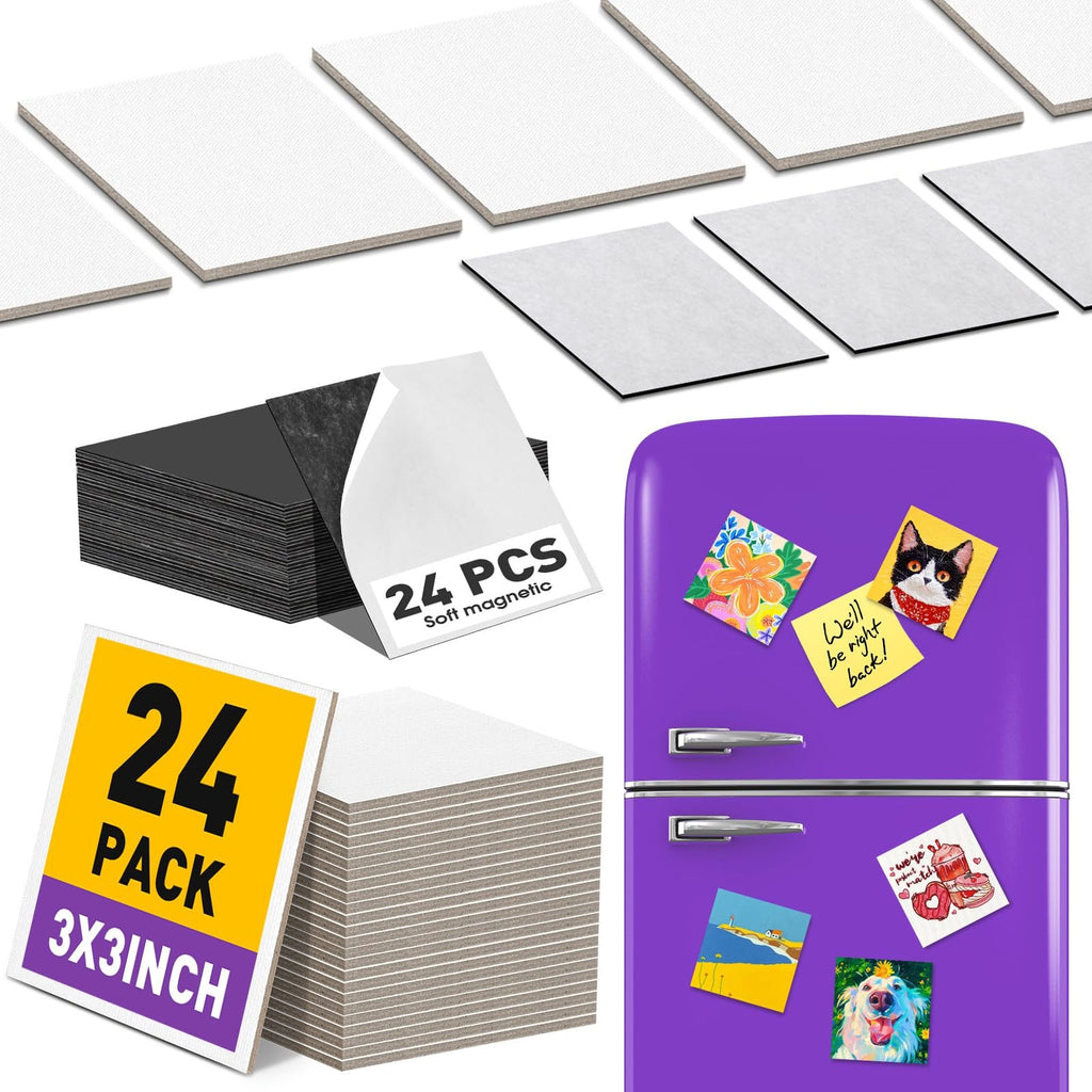 Stack of 24 mini magnetic canvas panels and a purple refrigerator with various magnets on it.
