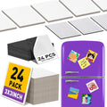Stack of 24 mini magnetic canvas panels and a purple refrigerator with various magnets on it.