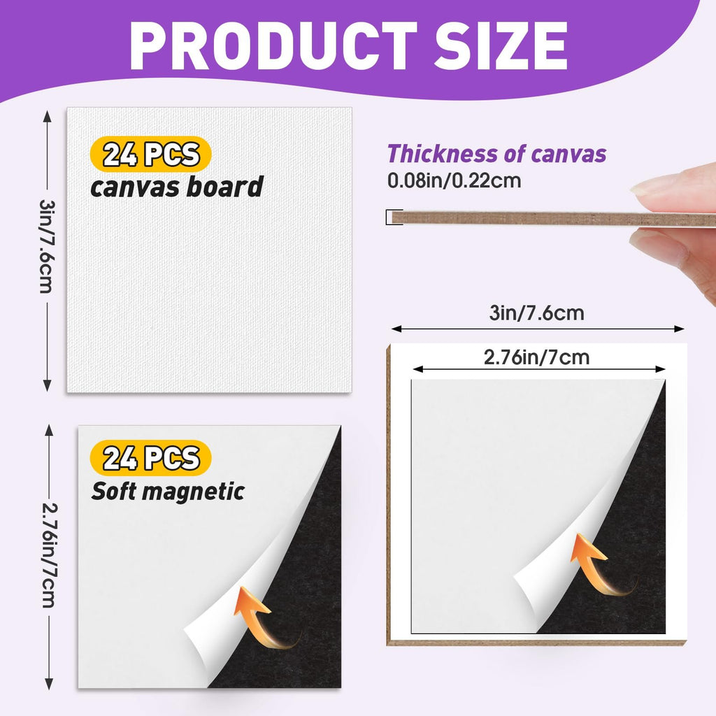 Product size details for mini magnetic canvas panels, showing dimensions and thickness.