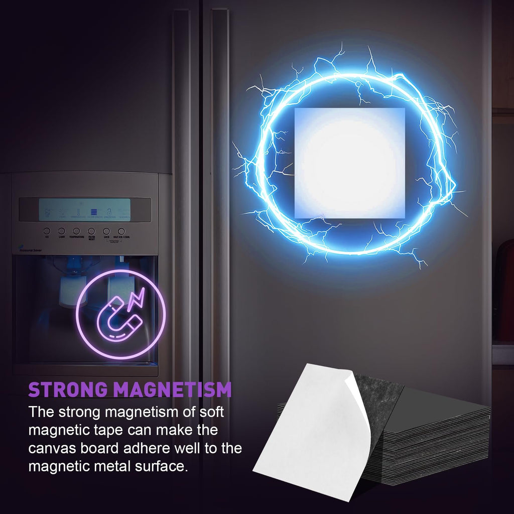 Stack of magnetic canvas panels with one sheet peeling back, next to a refrigerator with a glowing magnetic symbol and lightning effect.