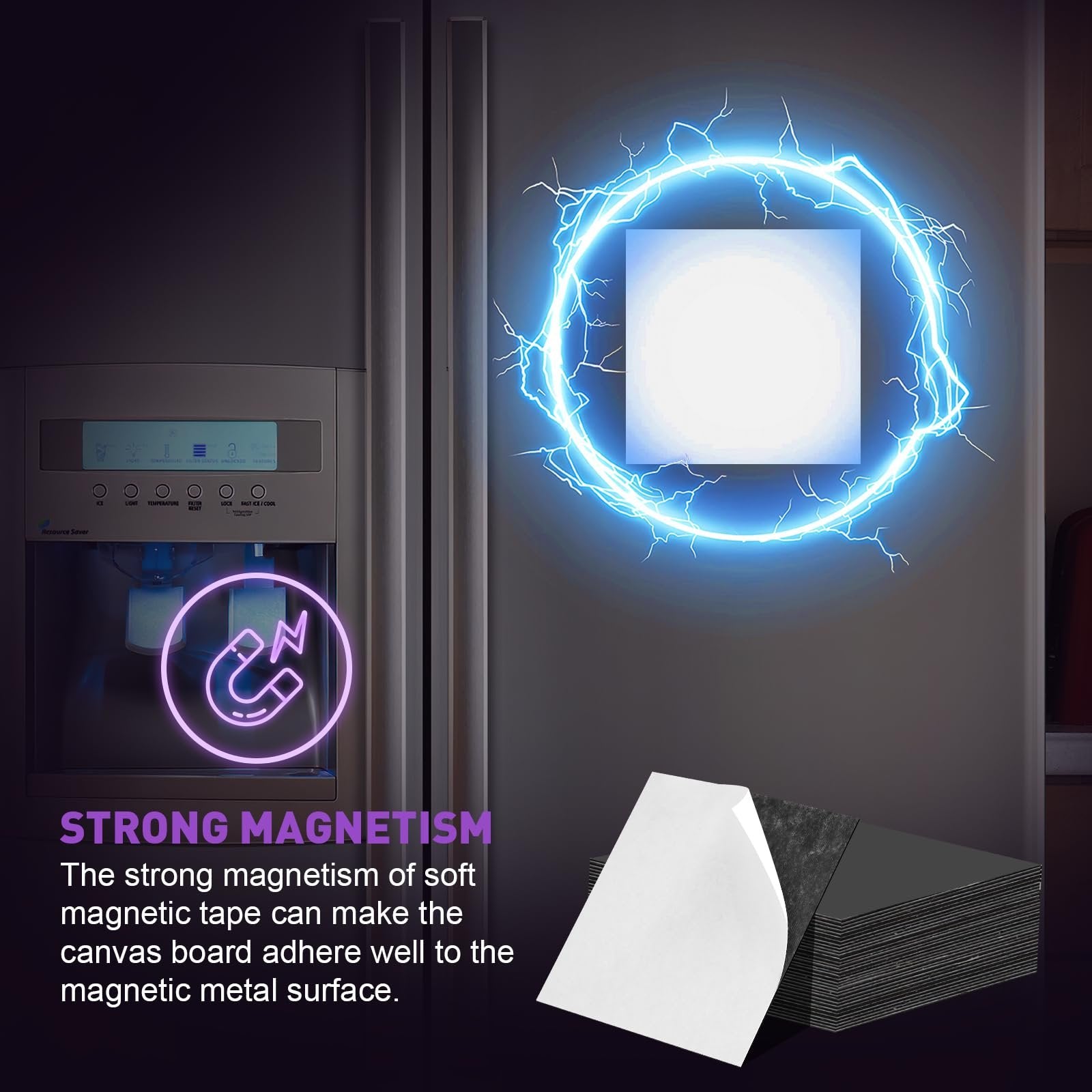 Stack of magnetic canvas panels with one sheet peeling back, next to a refrigerator with a glowing magnetic symbol and lightning effect.