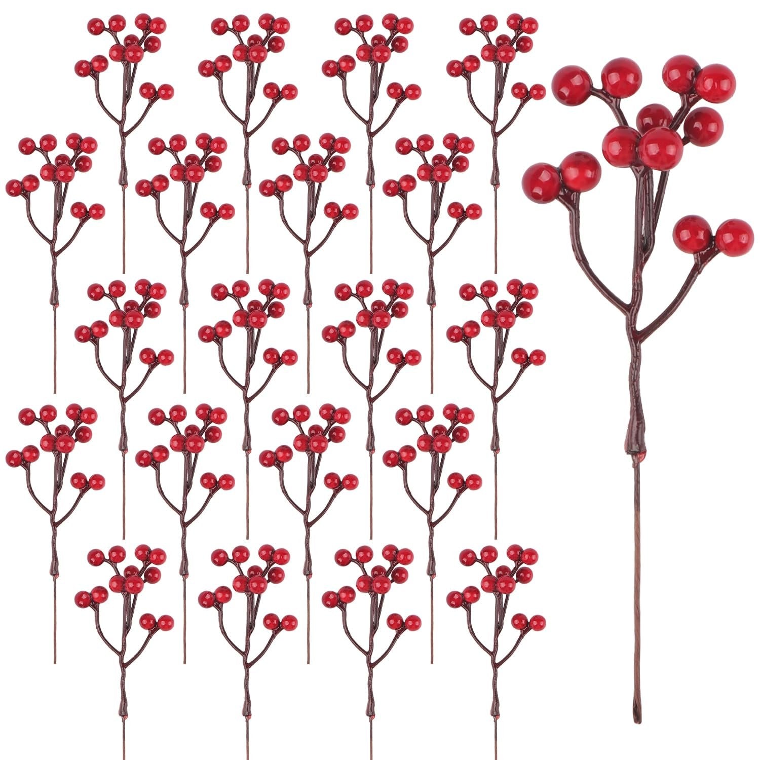 24 artificial red berry stems for holiday decor, shown on white background
