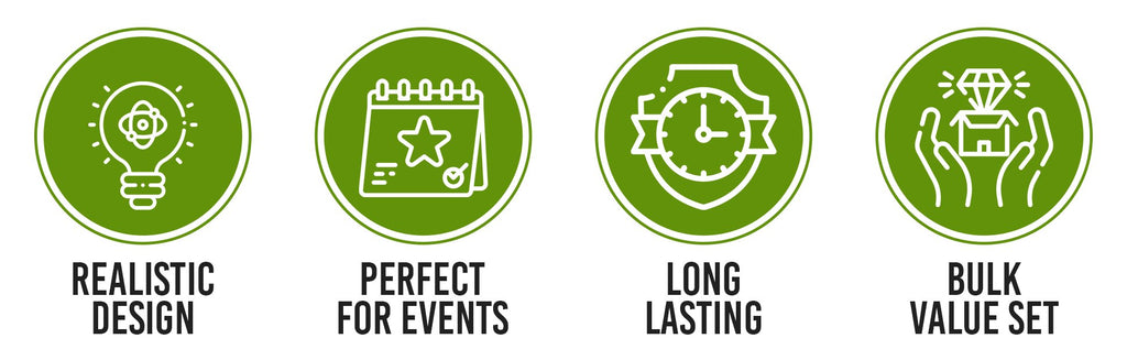 Four green circles with white icons and text: realistic design, perfect for events, long lasting, bulk value set.