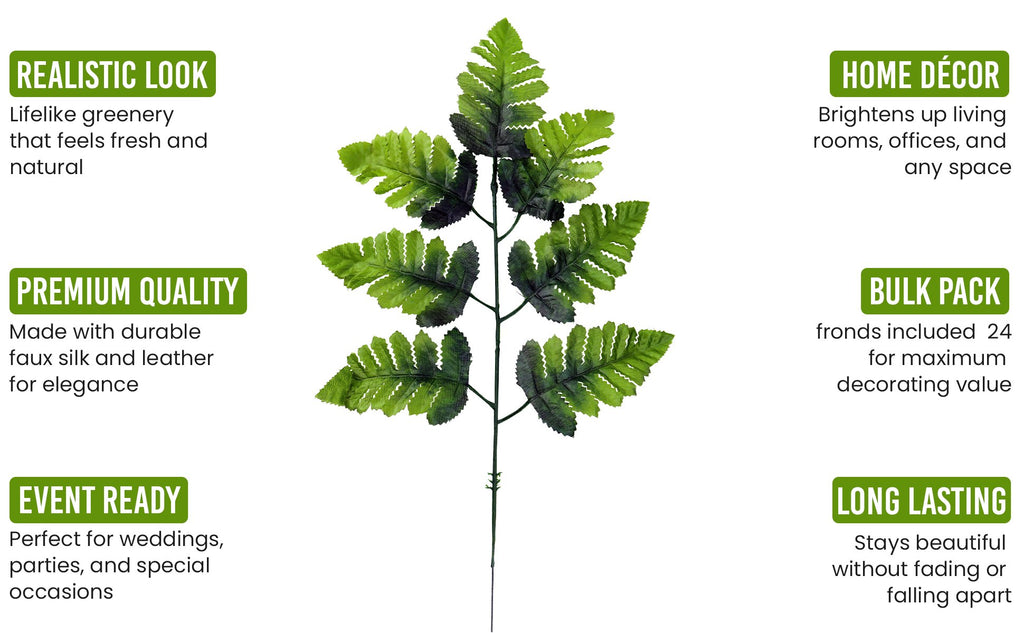 Artificial silk leather leaf fern frond with marketing callouts on a white background.