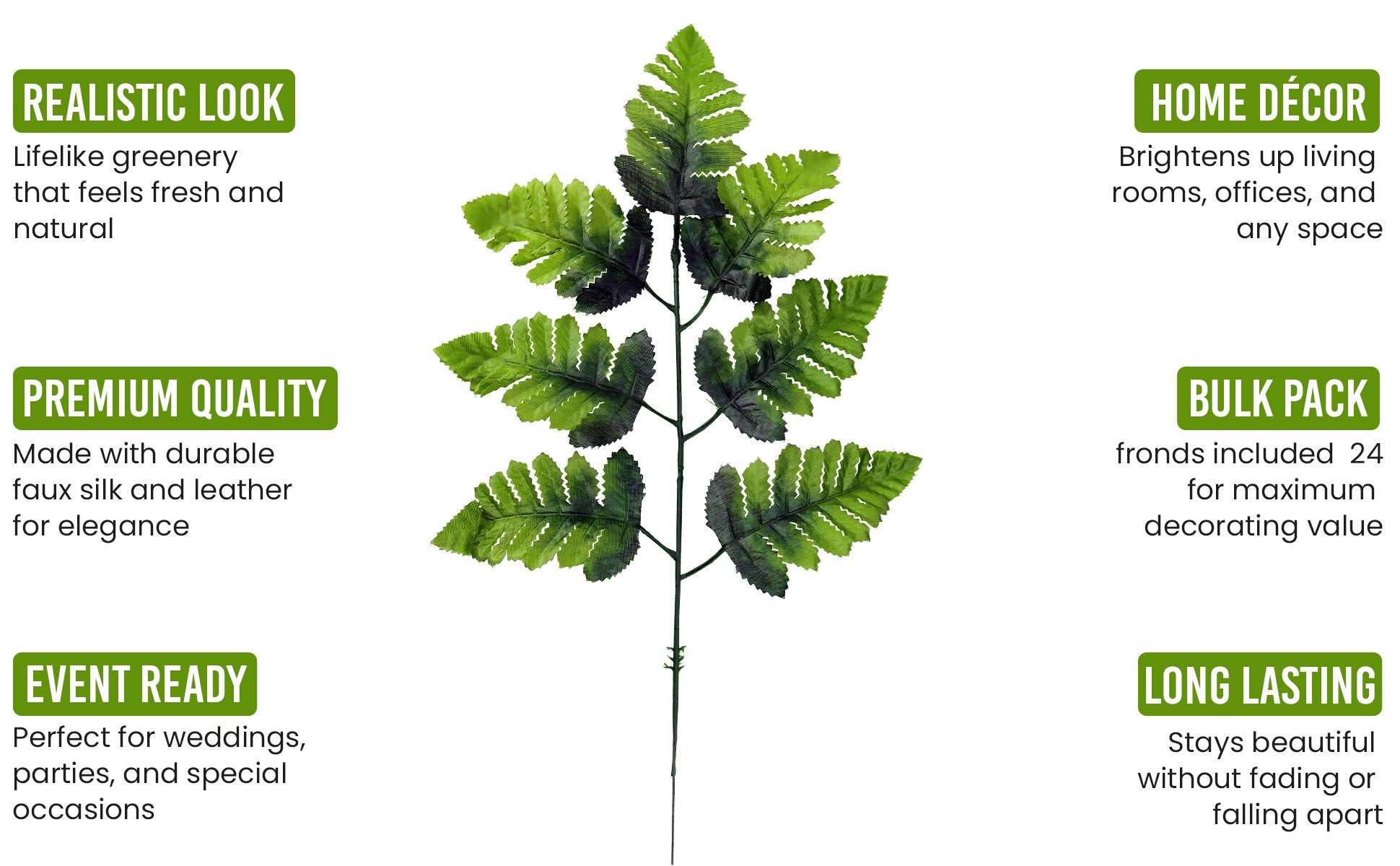 Artificial silk leather leaf fern frond with marketing callouts on a white background.