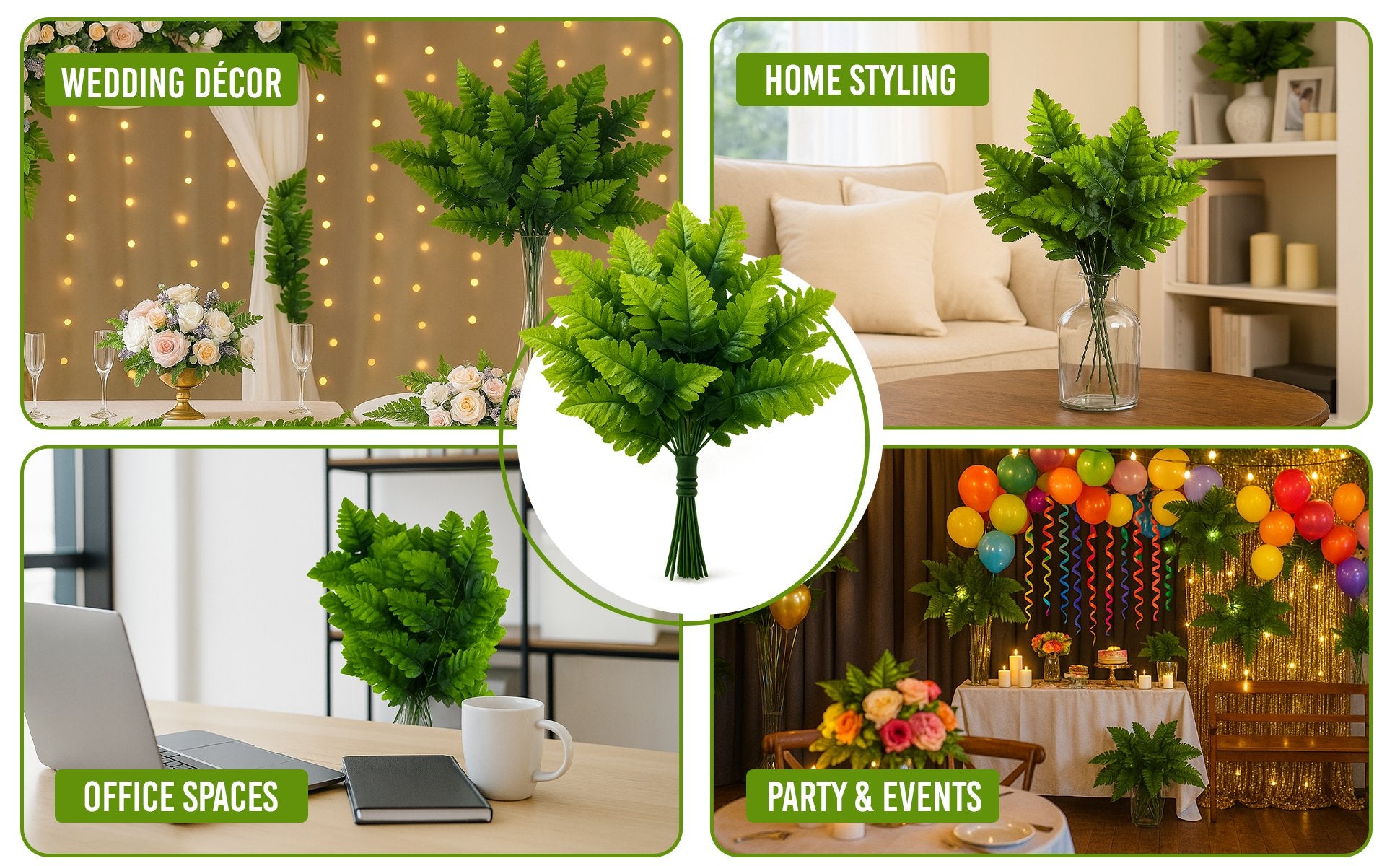 Collage of artificial fern fronds used for decor in various settings: wedding, home, office, and party.