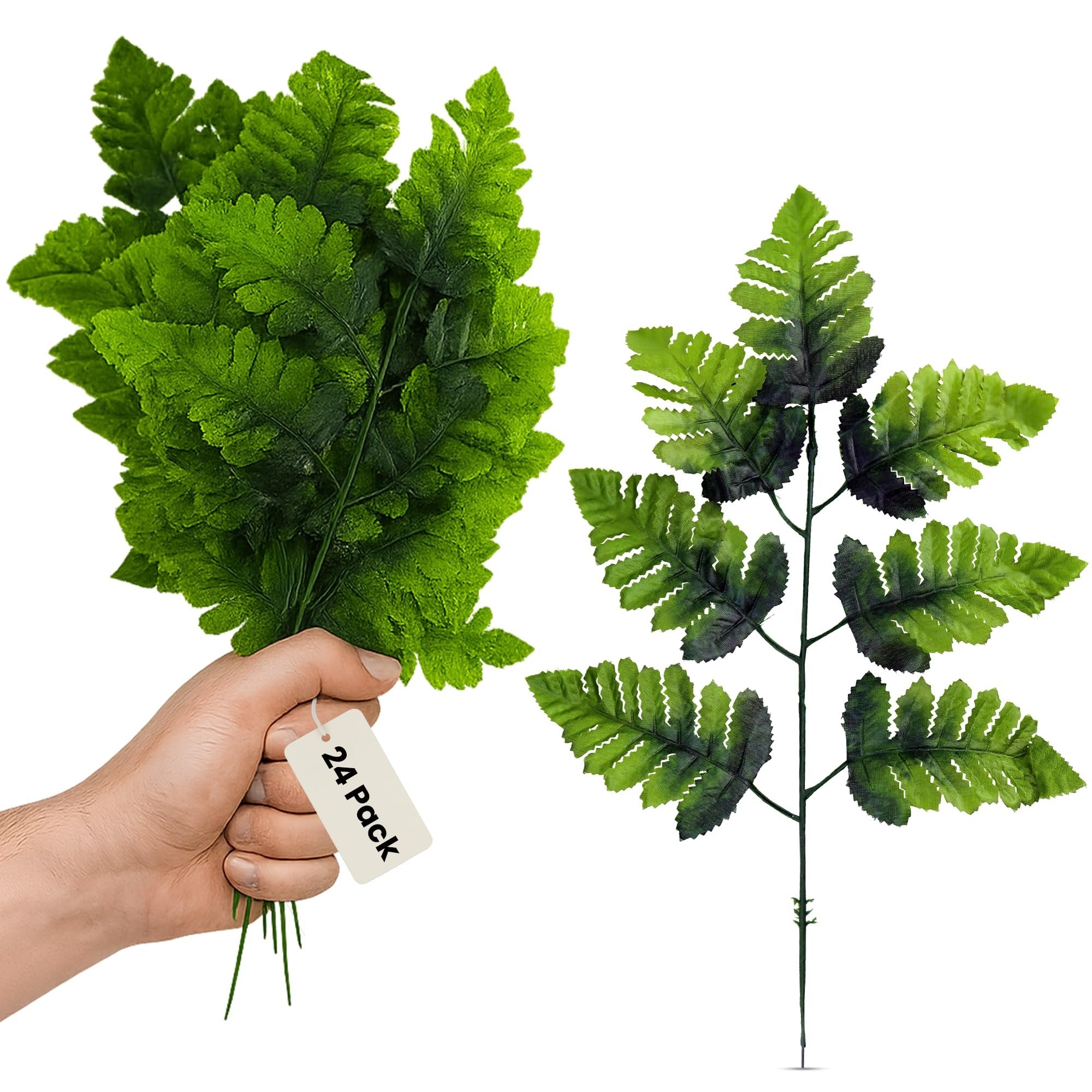 Hand holding a bunch of artificial green fern fronds, with a separate frond shown on the right.