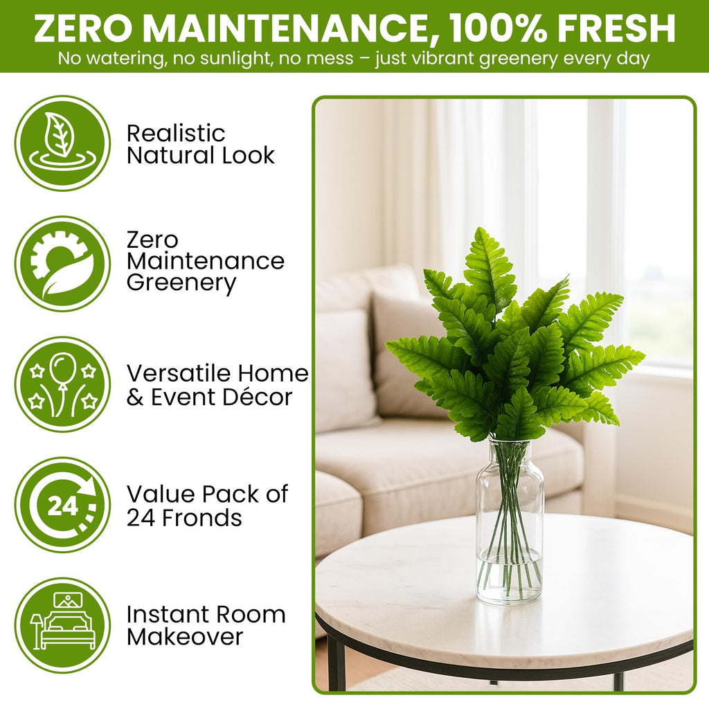 Artificial silk leather leaf fern fronds in a glass vase on a marble coffee table, with lifestyle text overlays.