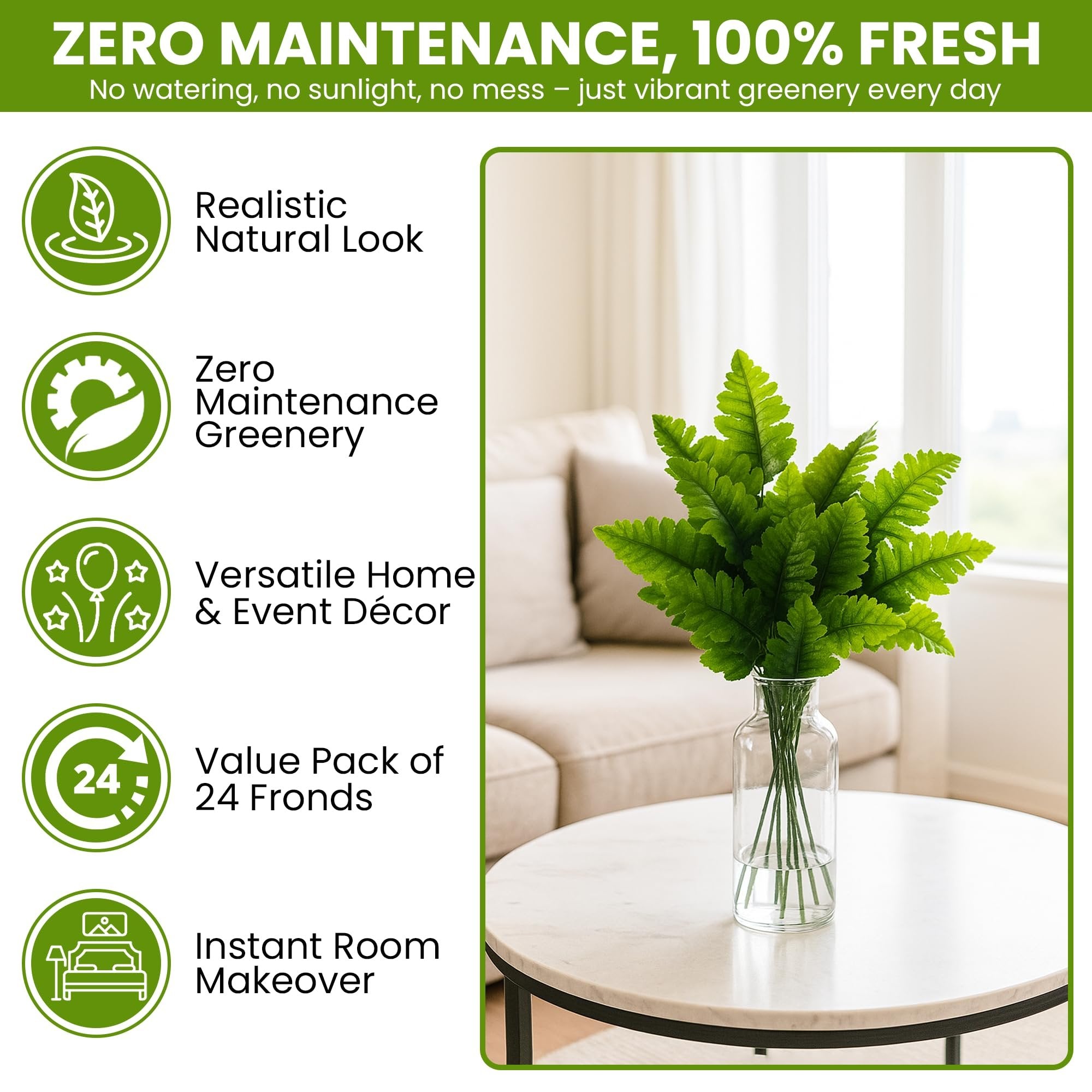 Artificial silk leather leaf fern fronds in a glass vase on a marble coffee table, with lifestyle text overlays.