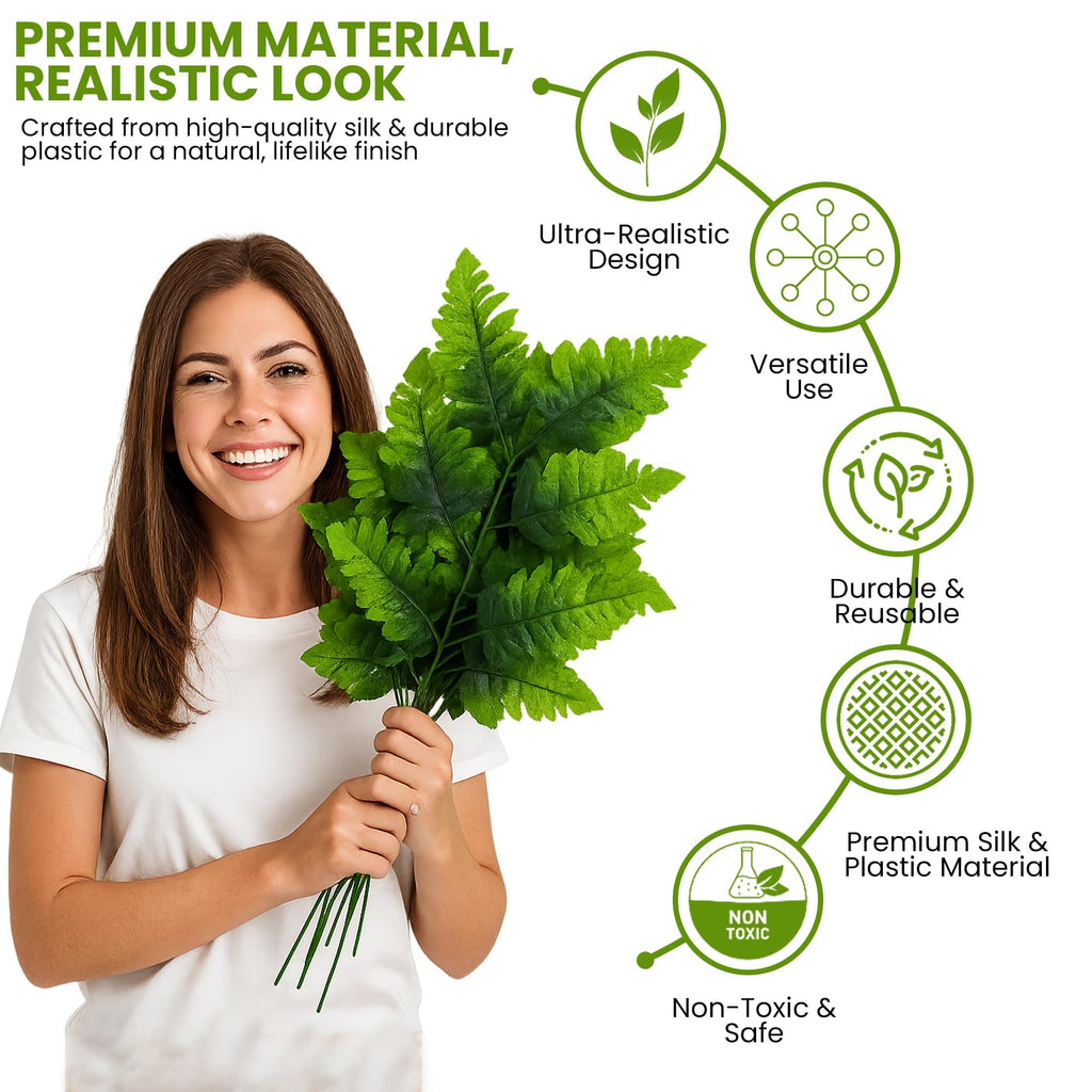 Smiling woman holding artificial fern fronds with marketing callouts about material and design