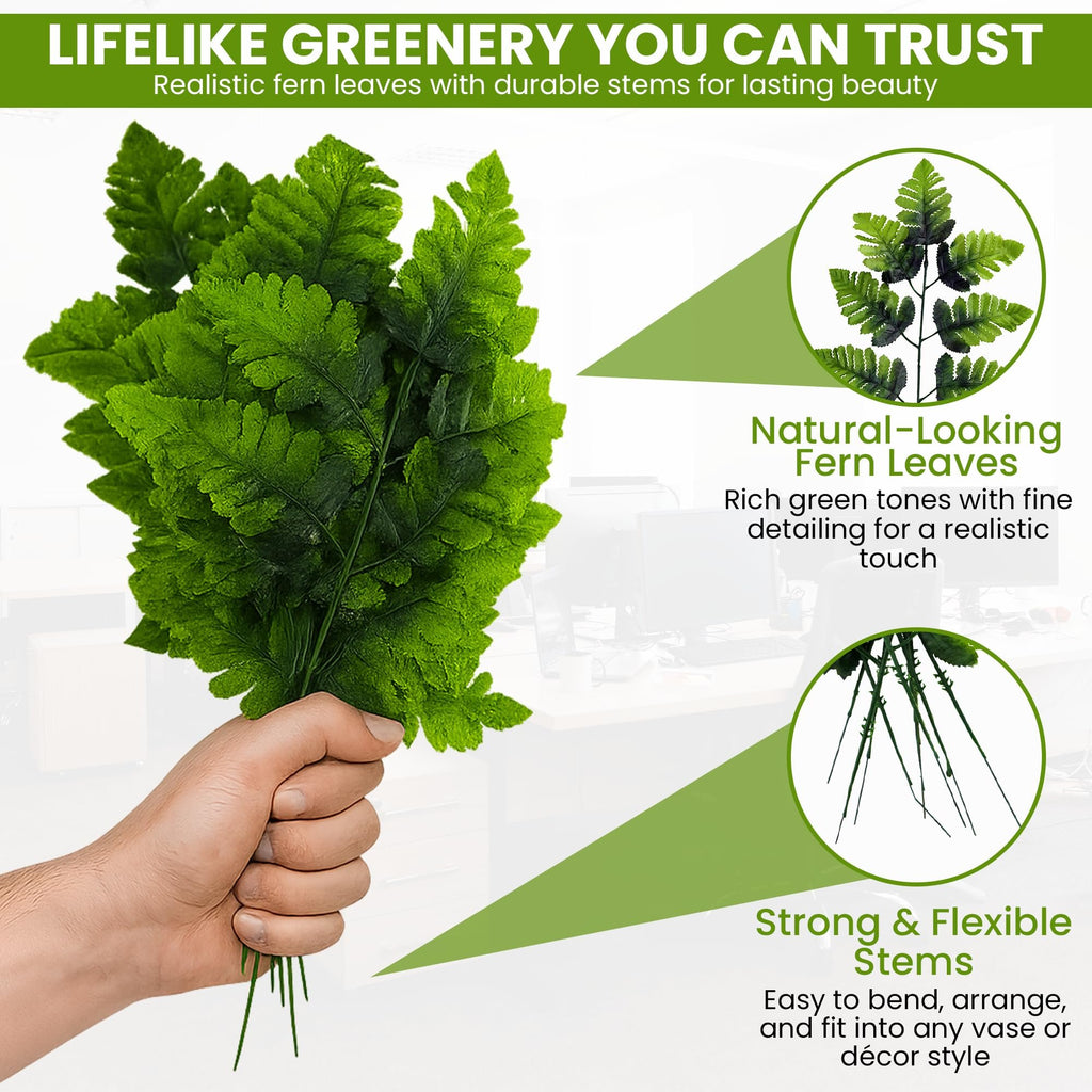 Hand holding artificial fern fronds, showcasing natural-looking leaves and strong flexible stems.