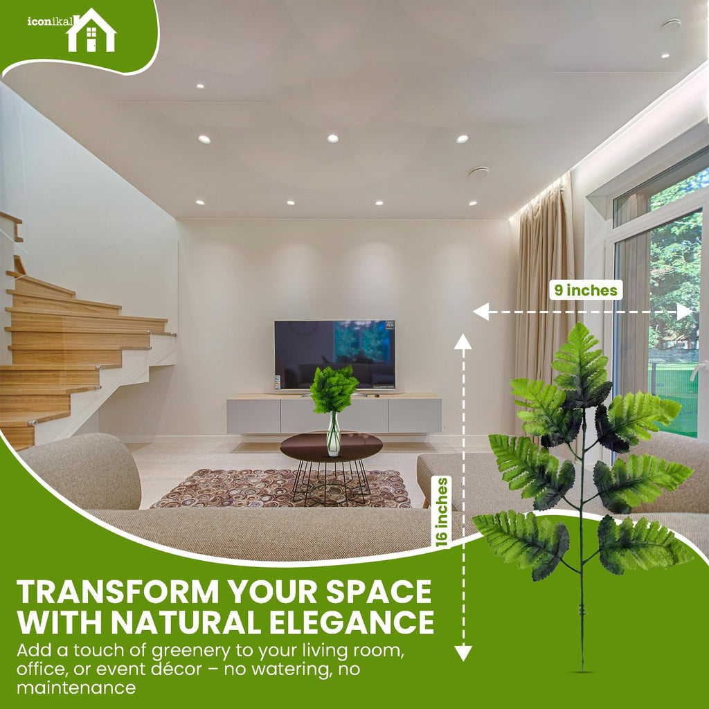 Artificial silk leather leaf fern frond shown in a modern living room setting with dimensions indicated.