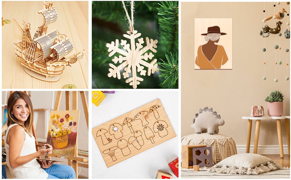 Collage of wooden craft projects: a ship model, snowflake ornament, wall art, woman painting, mushroom puzzle, and nursery decor.