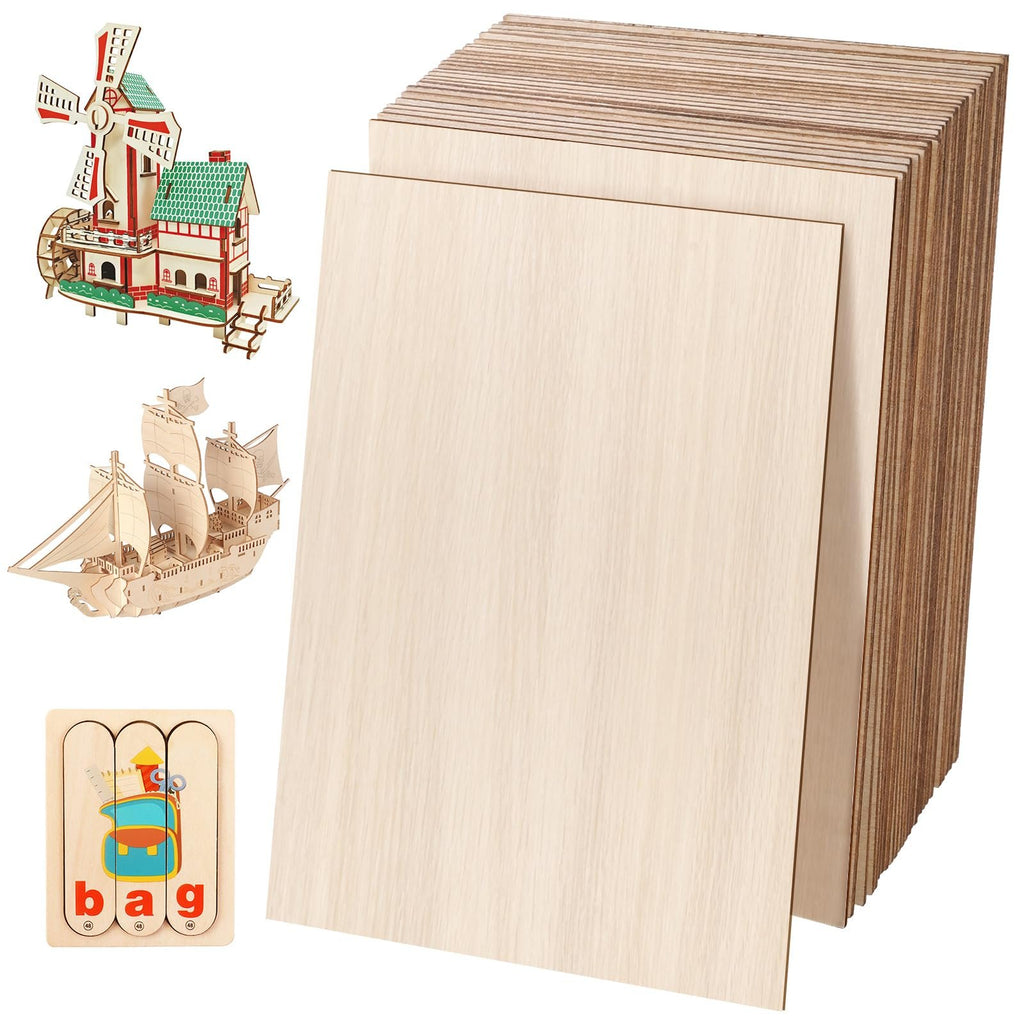 Stack of 24 unfinished basswood sheets with 3 wooden craft models: a windmill, a ship, and a letter 'bag' puzzle.