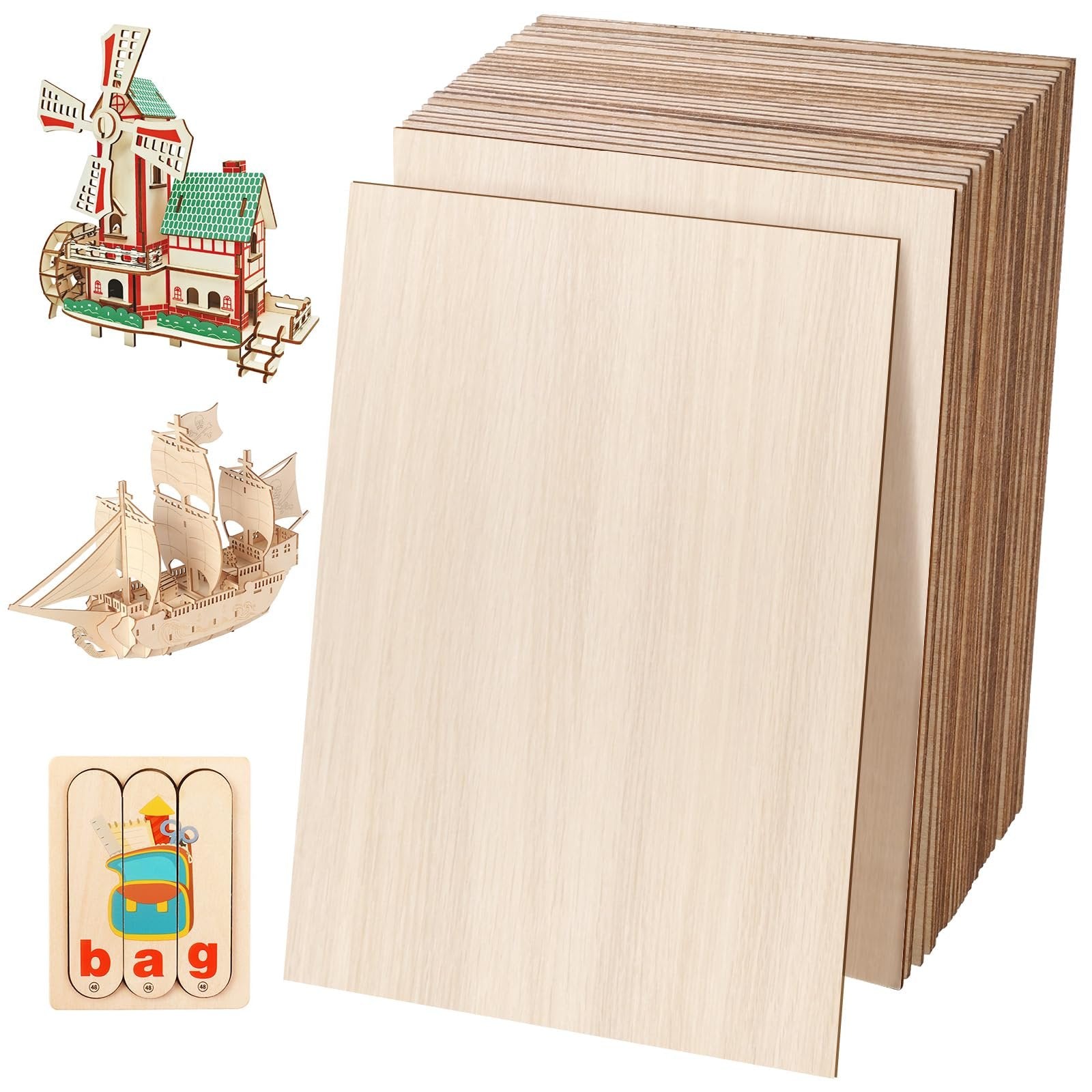 Stack of 24 unfinished basswood sheets with 3 wooden craft models: a windmill, a ship, and a letter 'bag' puzzle.
