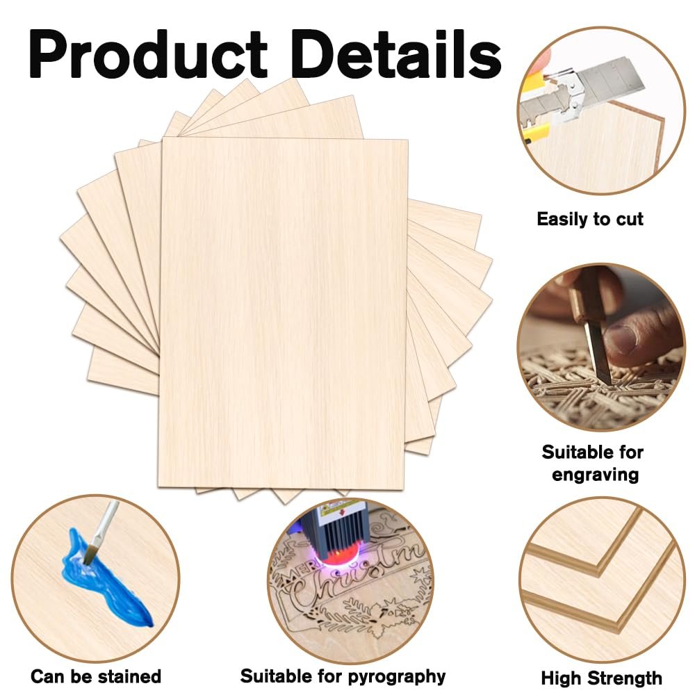 Stack of unfinished basswood sheets with inset images showing cutting, engraving, staining, pyrography, and wood grain detail.