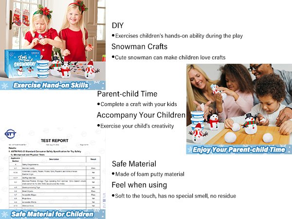 Children making air dry clay snowmen with a kit, featuring two girls on the left and a family on the right.