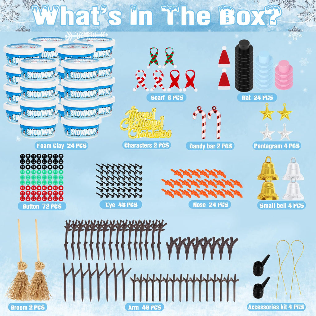 Contents of a snowman craft kit including foam clay, hats, scarves, eyes, noses, arms, buttons, brooms, candy bars, bells, and stars.