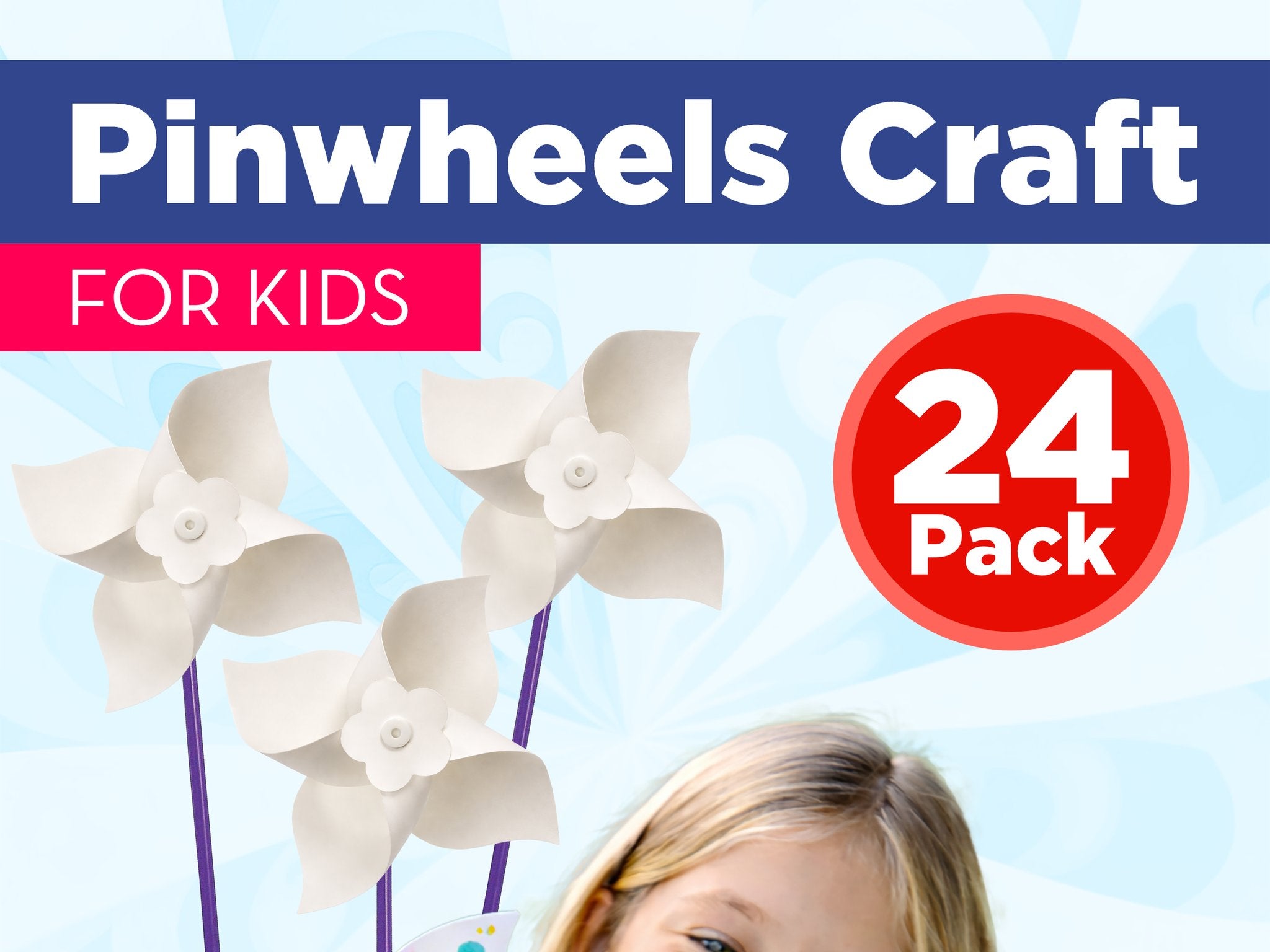 Three white paper pinwheels on purple sticks with a child's face visible at the bottom right corner.