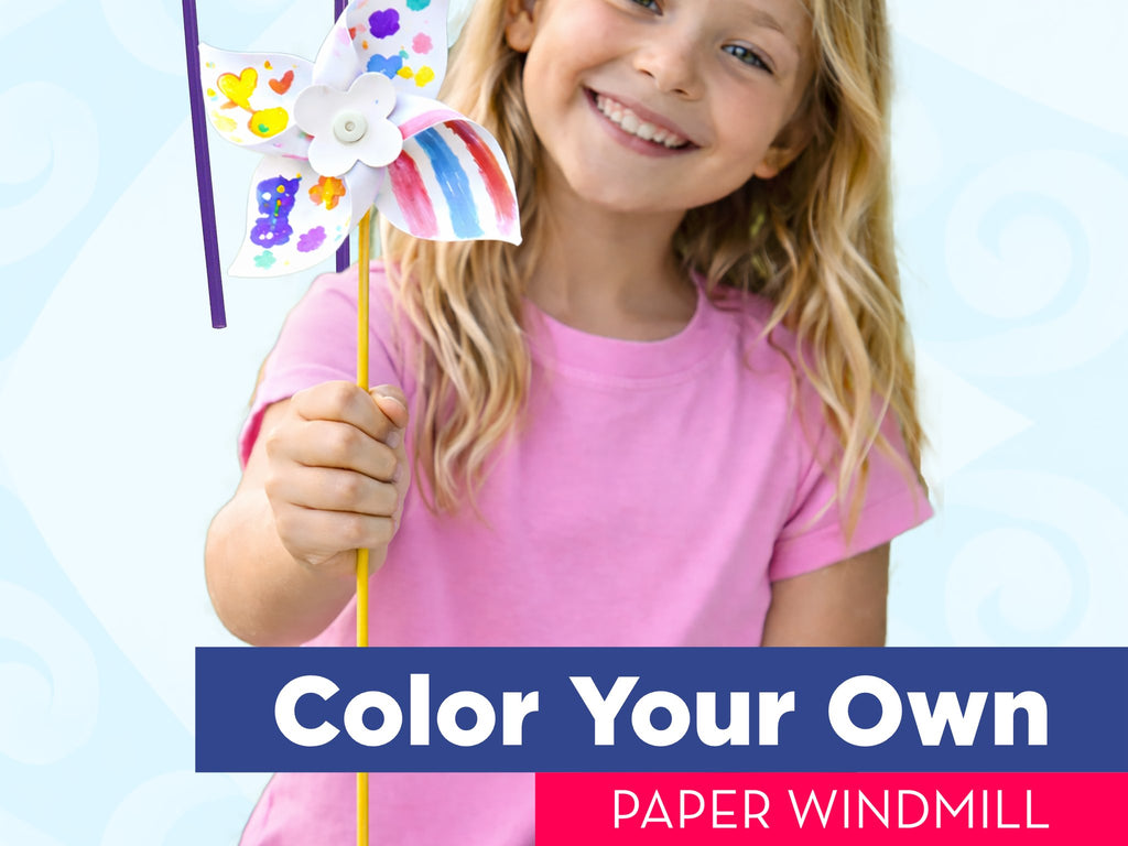Smiling girl holding a colorful DIY paper pinwheel with purple and yellow sticks