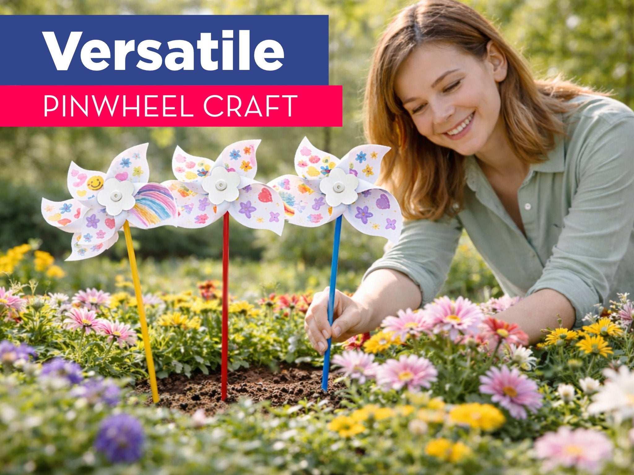 Woman planting colorful DIY pinwheels in a garden bed with flowers