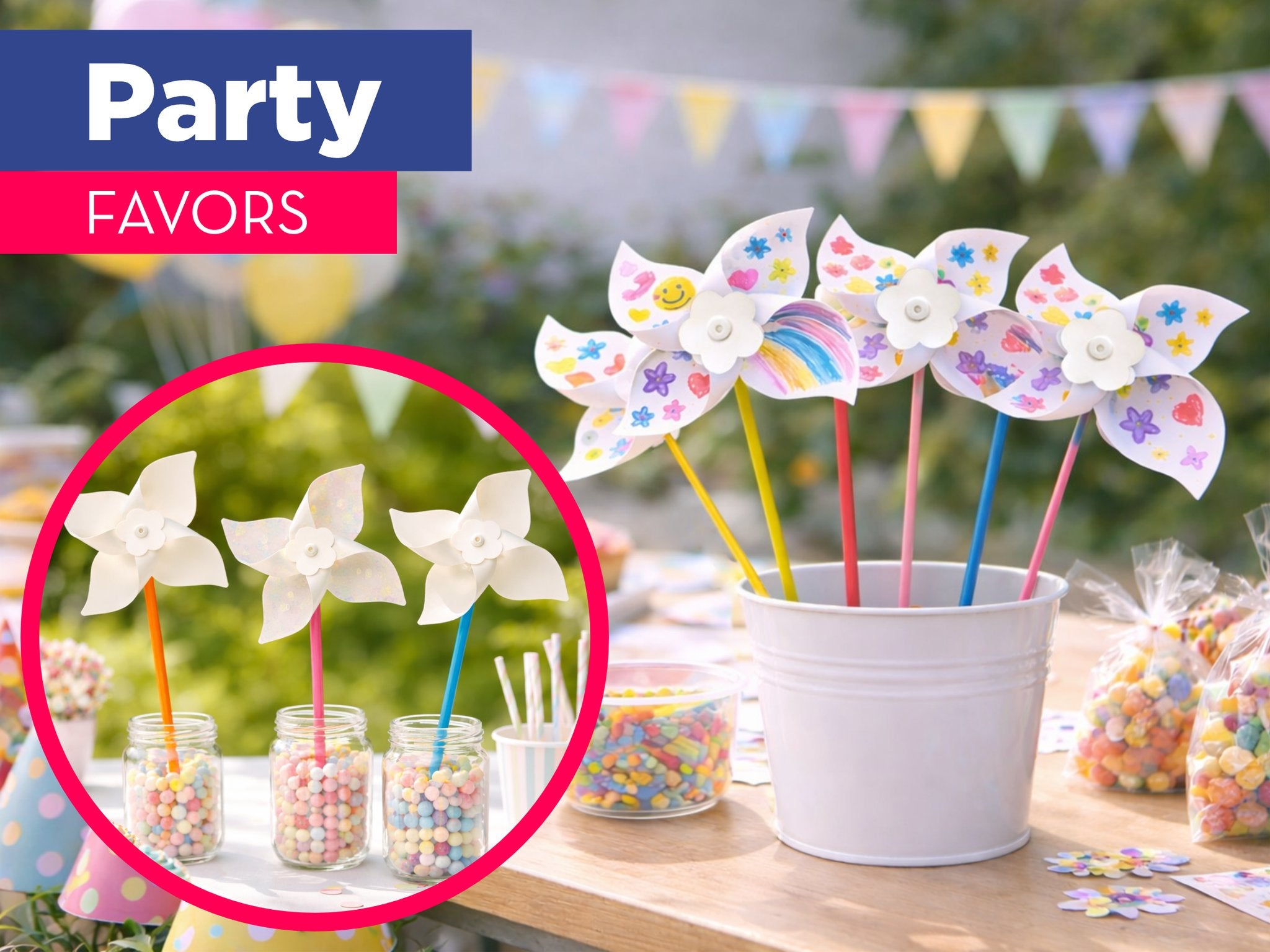 DIY pinwheels in jars and a bucket, decorated with colorful drawings, on a table with party favors and candy.