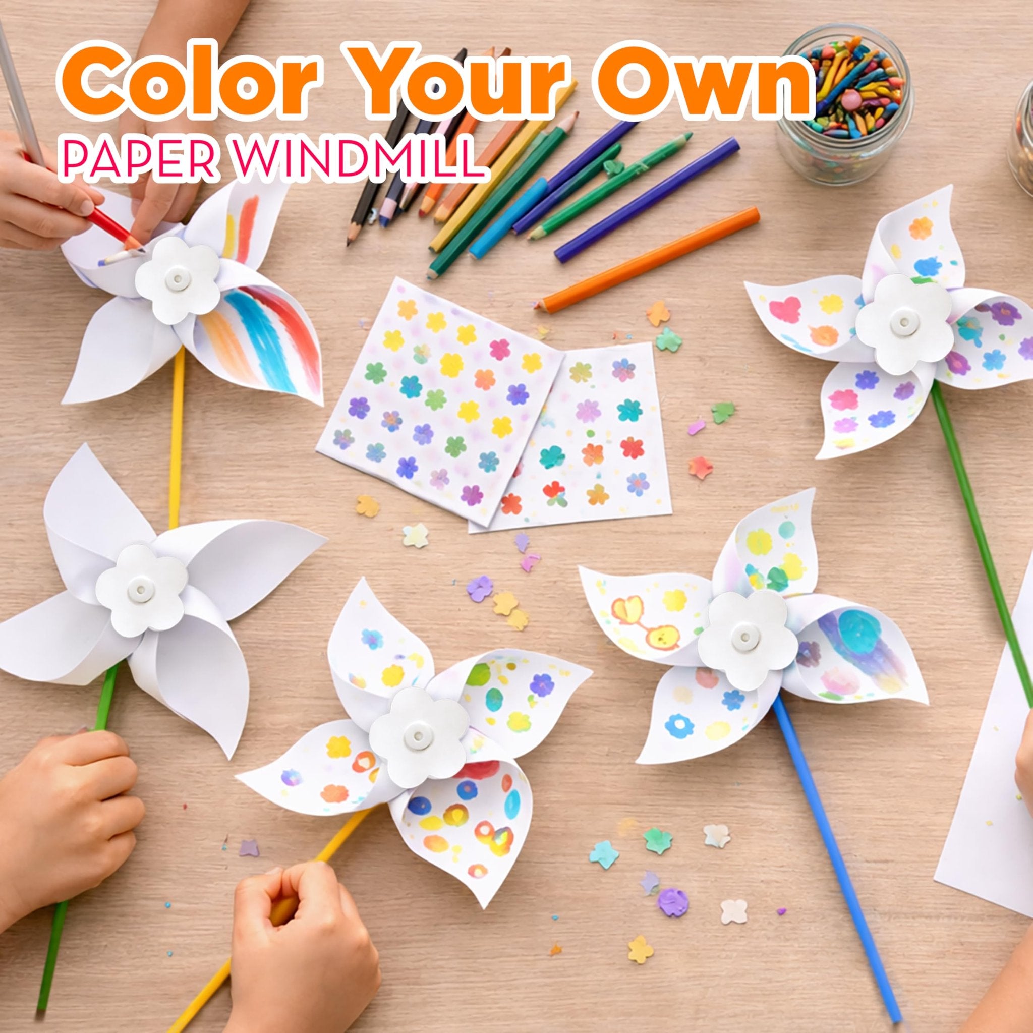 Children coloring paper pinwheels with pencils and crayons on a wooden table, with craft supplies scattered around.