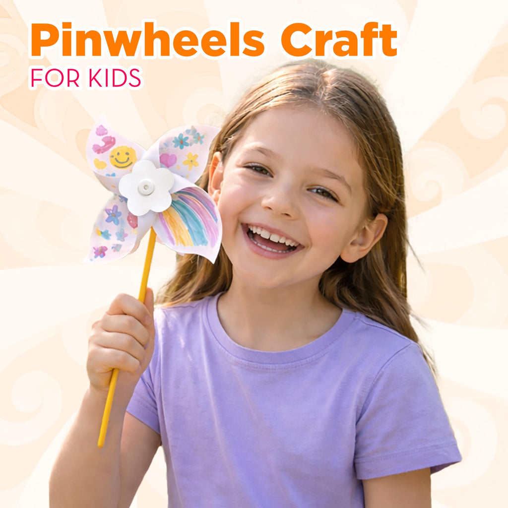 Smiling girl holding a colorful DIY pinwheel craft she decorated
