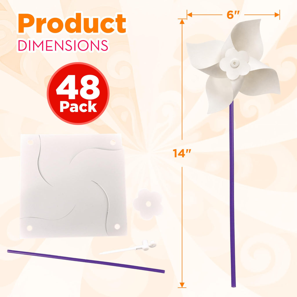 DIY pinwheel craft kit components including a white pinwheel on a purple stick, a white square base, and assembly parts, with dimensions indicated.