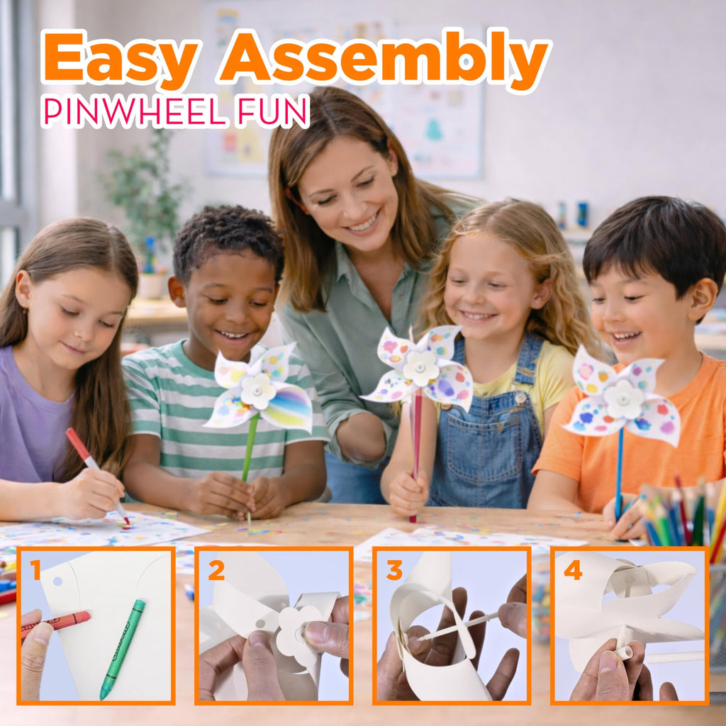 Children and teacher making colorful pinwheels with a step-by-step guide at the bottom.