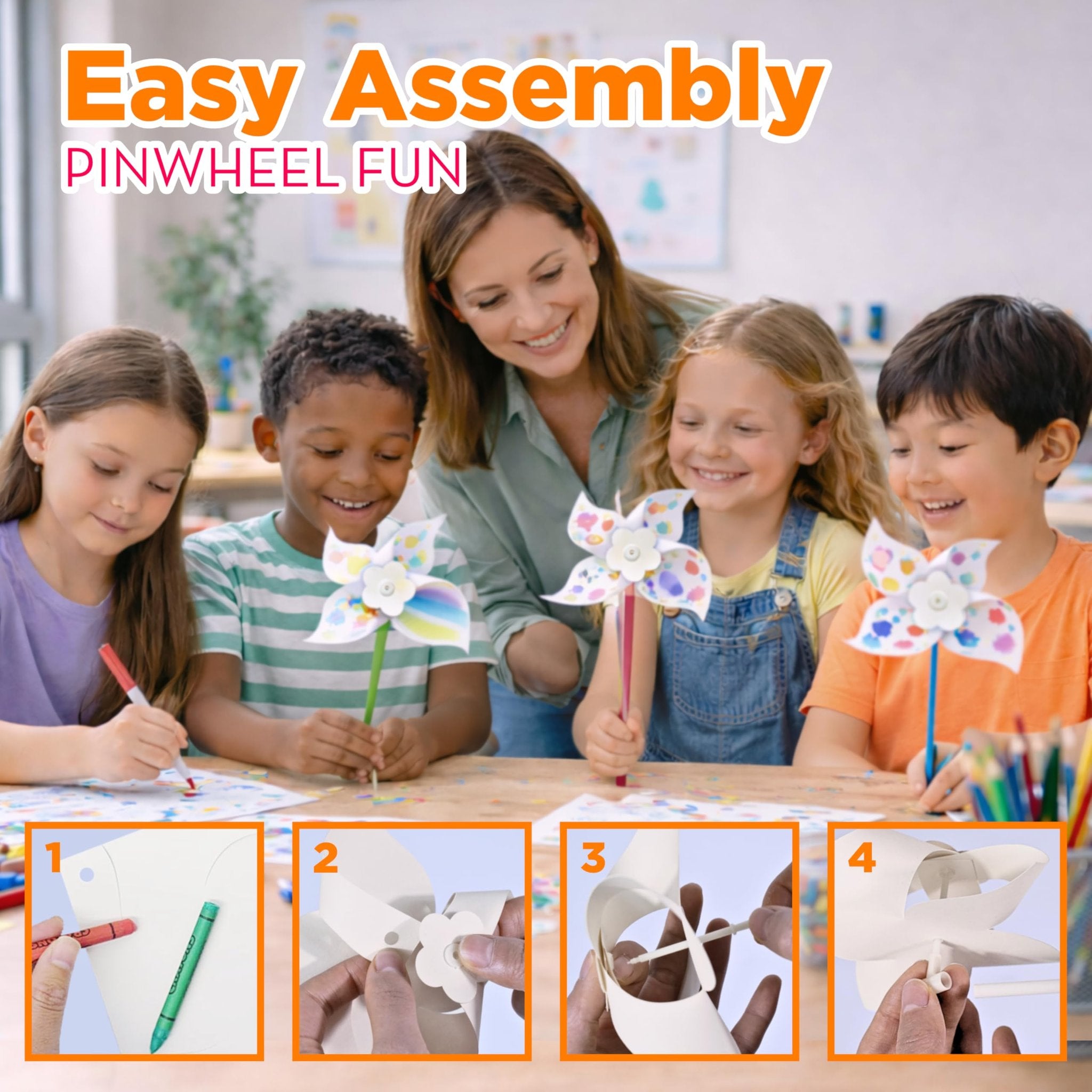 Children and teacher making colorful pinwheels with a step-by-step guide at the bottom.