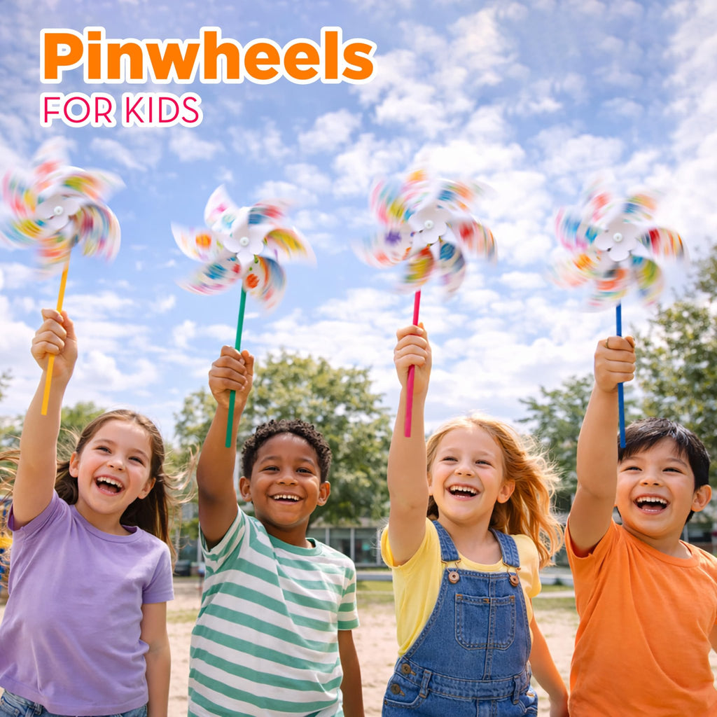 Four smiling children hold up colorful pinwheels against a bright blue sky with clouds.