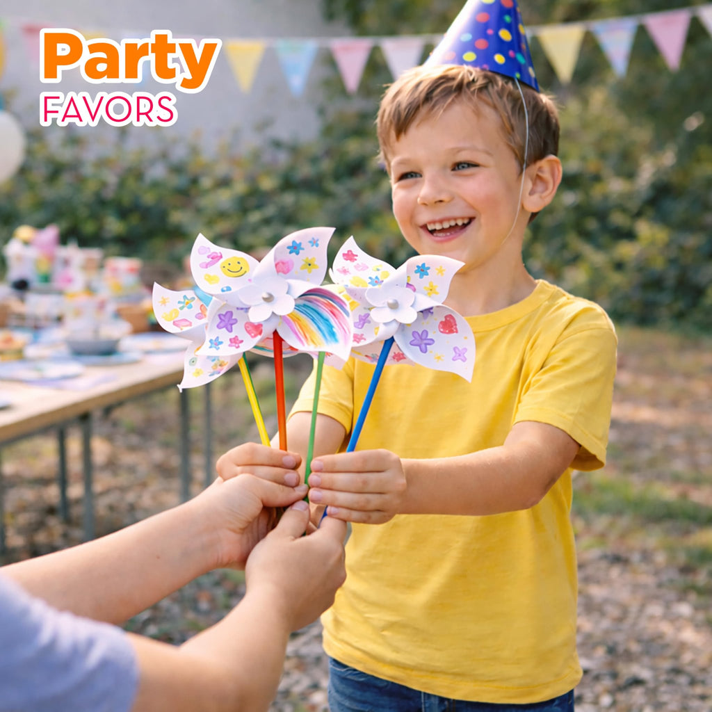 Child holding colorful DIY pinwheels at an outdoor party