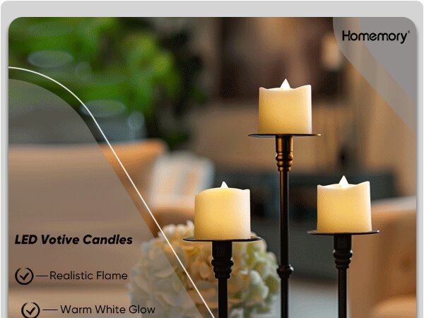Three LED votive candles on black candle holders, with text overlays.